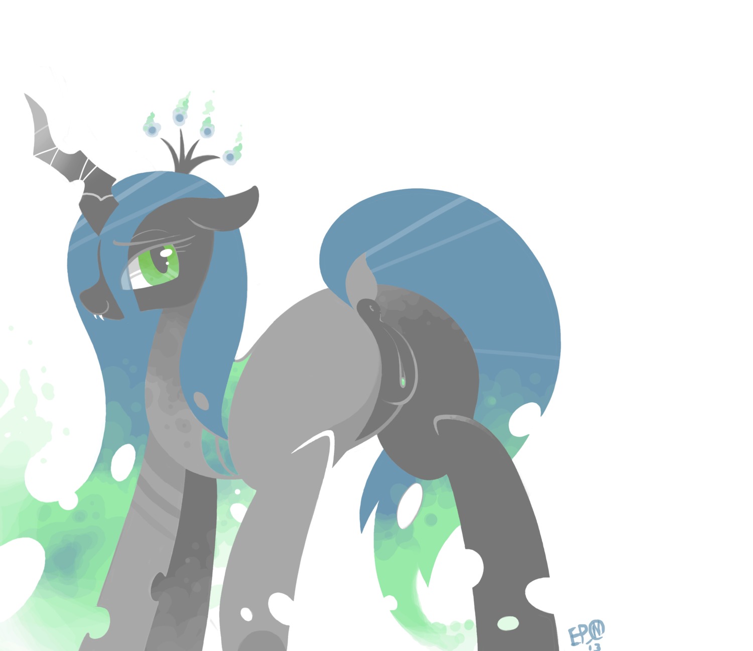 absurd_res arthropod b-epon changeling_(mlp) crown e621 female feral friendship_is_magic genitals green_eyes grin hasbro headgear hi_res horn looking_at_viewer my_little_pony presenting queen_chrysalis_(mlp) raised_tail simple_background smile solo tail vulva white_background