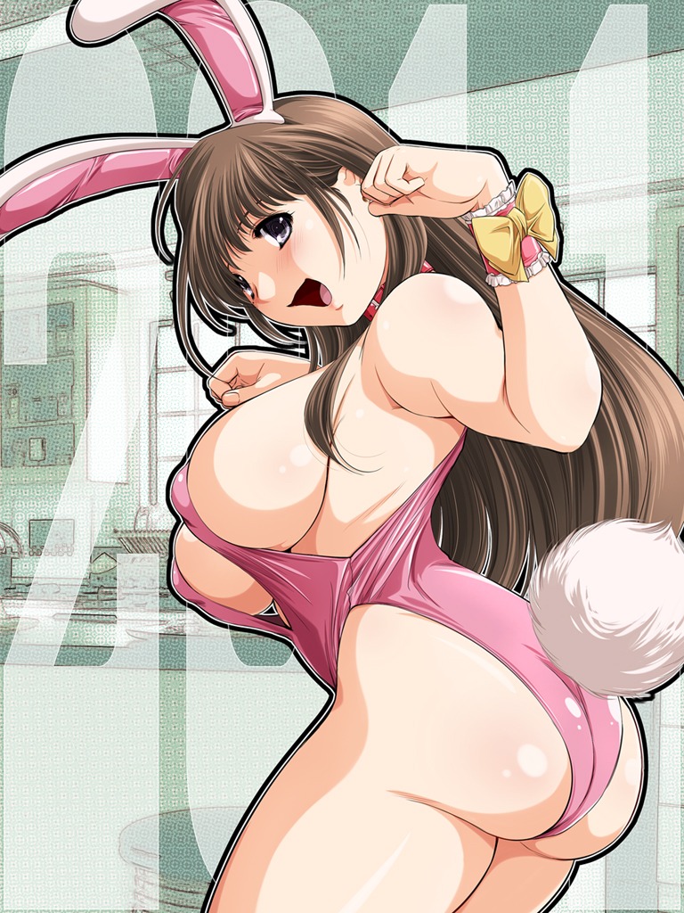 artist_request ass breasts brown_hair bunny_suit bunnysuit female huge_ass pink rule34 source_request