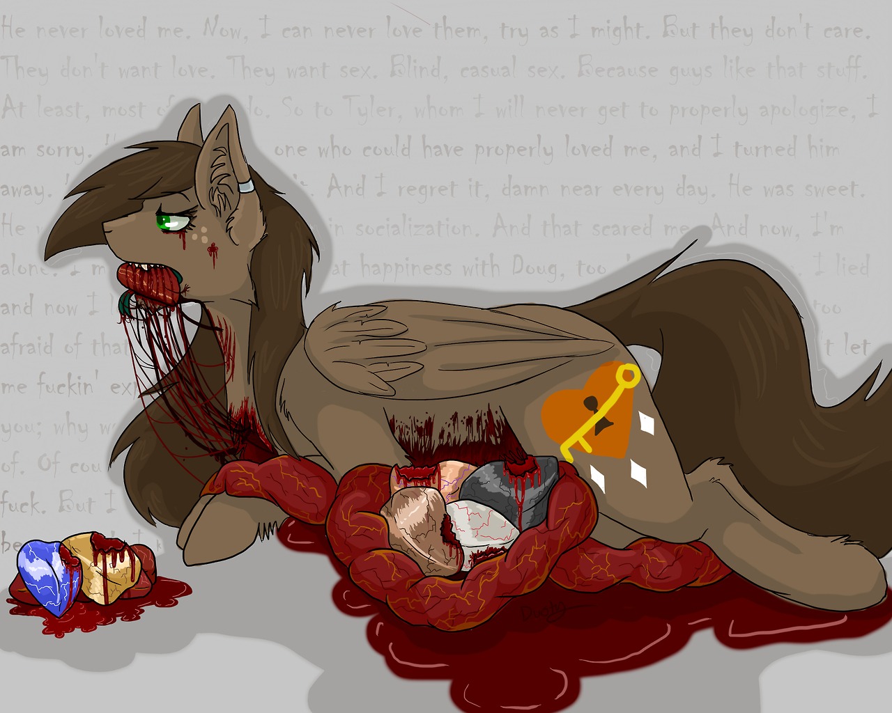 5:4 blood bodily_fluids cannibalism claw_marks cutie_mark disembowelment dusty_(artist) e621 eating english_text fan_character female feral gore guts hard_vore hasbro heart_(organ) heart_symbol lying my_little_pony organs solo text vore
