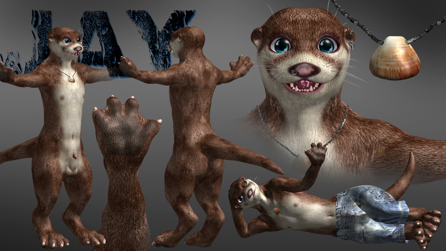 16:9 2014 3d_(artwork) 4_fingers 4_toes animal_genitalia anthro balls biped blue_eyes bottomwear brown_body brown_fur butt clothed clothing countershading digital_media_(artwork) digitigrade e621 ear_piercing facial_piercing feet fingers front_view fur genitals gesture gradient_background grey_background hi_res jay_(jayott) jayott jewelry looking_at_viewer lying male mammal membrane_(anatomy) model_sheet mustelid navel necklace nipples nose_piercing nude on_side one_eye_closed open_mouth otter penis penis_tip piercing pink_nose rear_view sheath shorts simple_background solo tan_body tan_fur teeth toes tongue tongue_piercing topless waving webbed_hands whiskers widescreen wink