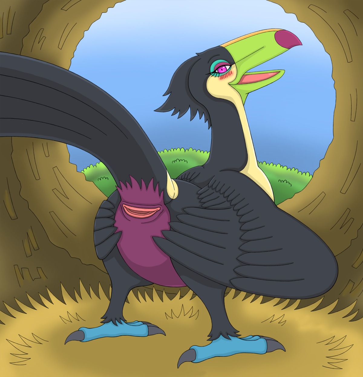 animal_genitalia avian avian_butt beak bird black_body black_feathers blue_sky_studios blush cloaca e621 eva_(rio) fang_asian feathered_wings feathers female feral genitals hi_res horizontal_cloaca keel-billed_toucan looking_at_viewer open_mouth piciform presenting presenting_cloaca purple_eyes rio_(series) solo spreading toucan true_toucan wings