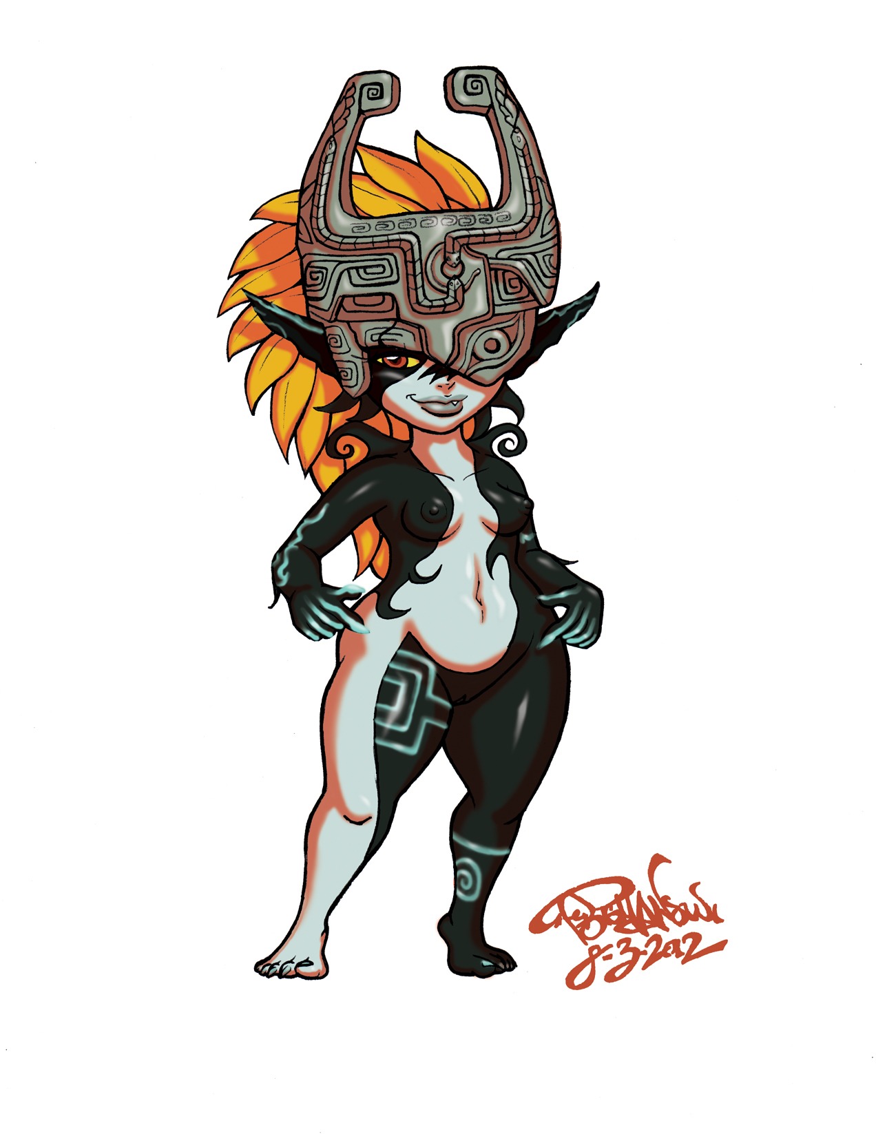 breasts clothing digital_media_(artwork) e621 female fused_shadow genitals hair headgear headwear hi_res humanoid looking_at_viewer midna nintendo nipples not_furry nude orange_hair red_eyes simple_background smile solo standing the_legend_of_zelda thebigmansini twili twilight_princess vulva white_background
