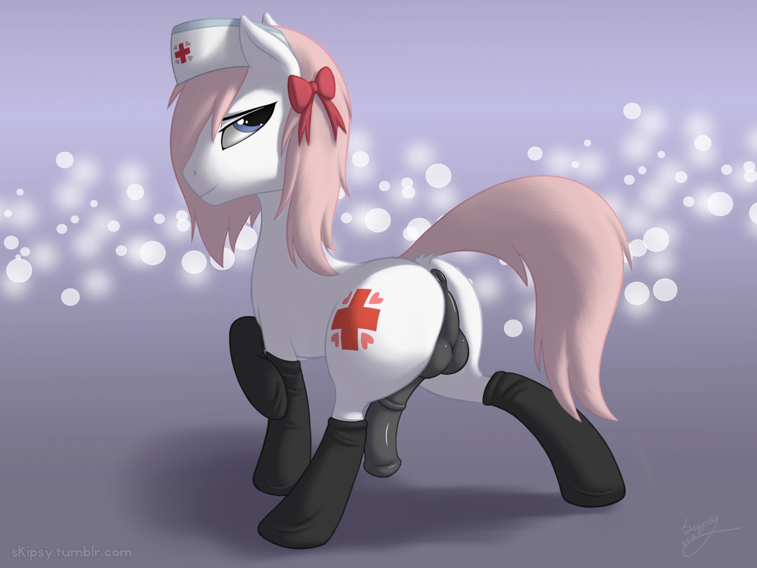2012 abstract_background anus backsack balls black_penis blue_eyes butt clothing crossgender cutie_mark e621 earth_pony equid equine erection femboy feral footwear friendship_is_magic ftm_crossgender fur genitals hair hasbro hat headgear headwear hi_res horse legwear looking_at_viewer male mammal mostly_nude my_little_pony nurse_redheart_(mlp) penis perineum pink_hair pony presenting presenting_hindquarters red_cross ribbons simple_background skipsy socks solo tail white_body white_fur