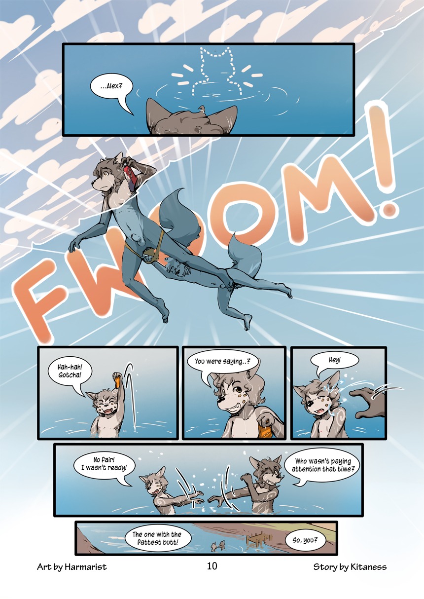 adolescent age_difference alex_(harmarist) animal_genitalia anthro assisted_exposure balls barefoot brother_(lore) brothers_(lore) canid canine canis casual_nudity child clothing clothing_theft comic dialogue duo e621 english_text feet fully_sheathed fully_submerged fur genitals harmarist hi_res lake looking_at_another looking_at_relative looking_at_sibling male male/male mammal multiple_scenes nude nude_anthro nude_male number older_brother older_male older_sibling open_mouth open_smile outside page_number partially_submerged pier playful seaside sheath sheath_and_knife sibling_(lore) skinny_dipping smile smirk stealing surprised swimming swimwear swimwear_theft tail text toes underwater water will_(harmarist) wolf young young_anthro