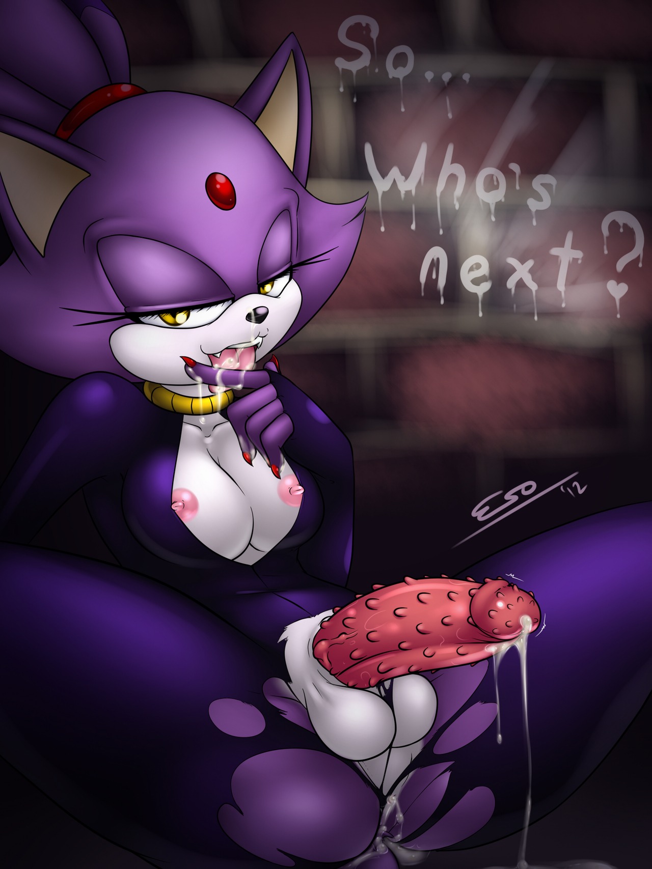 2012 after_sex anthro balls blaze_the_cat bodily_fluids breasts claws clothing crossgender cum cum_in_ass cum_inside cum_on_hand cum_string domestic_cat e621 english_text erection felid feline felis ftg_crossgender fti_crossgender genital_fluids genitals gynomorph heart_symbol hi_res humanoid_genitalia humanoid_penis intersex licking looking_at_viewer mammal nipples penile_spines penis pherociouseso sega solo sonic_the_hedgehog_(series) spread_legs spreading text tongue tongue_out torn_clothing white_balls yellow_eyes