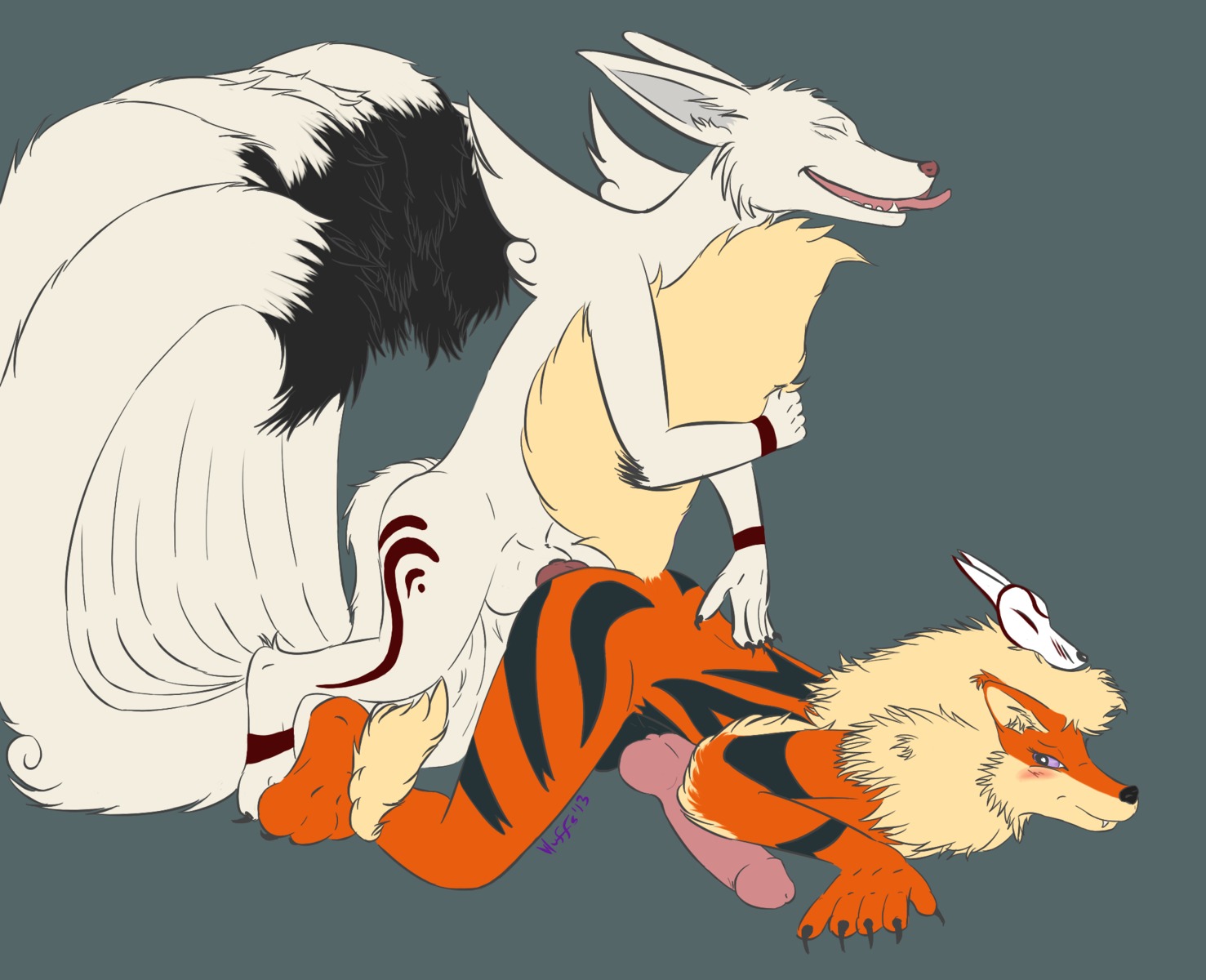 2013 5_fingers all_fours anal anal_penetration anthro anthrofied arcanine balls big_penis black_body black_fur black_nose black_skin blush butt canid canine claws duo e621 erection eyes_closed fangs feet fingers fist fox from_behind_position fur generation_1_pokemon genitals grey_background happy hi_res humanoid_genitalia humanoid_penis hybrid_genitalia hybrid_penis hyper knot knotted_humanoid_penis knotted_penis looking_back male male/male male_penetrated male_penetrating male_penetrating_male mammal narrowed_eyes nintendo nude orange_body orange_fur penetration penile penile_penetration penis penis_in_ass pink_body pink_penis pink_skin pokemon pokemon_(species) pokemorph raised_arm sex sharp_teeth simple_background smile squint tail tail_grab tan_body tan_fur teeth tongue tongue_out white_body white_fur wuffs