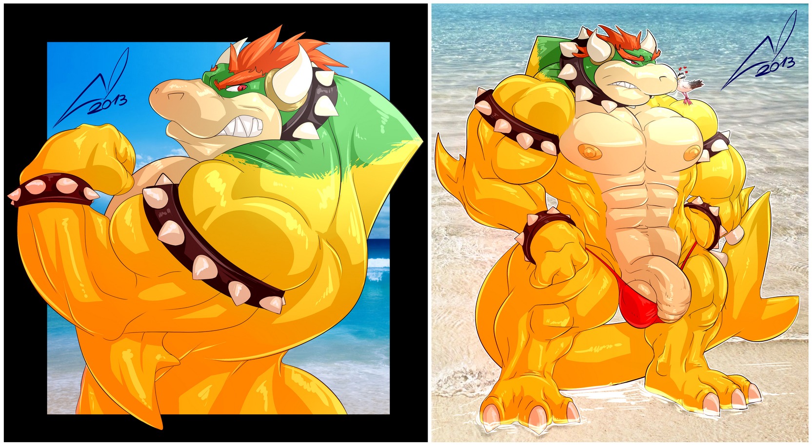 2013 abs anthro aquatic armband armlet avian balls barefoot beach beak biceps big_balls big_muscles big_penis biped bird black_hair bowser bowser_day bracelet bulge claws clothed clothing collar danandnite e621 eyebrows facial_markings fangs feathered_wings feathers feet fin fish flaccid flexing foreskin genitals green_body green_skin grin gull hair head_markings heart_symbol hi_res hindpaw horn humanoid_genitalia humanoid_penis hybrid jewelry koopa langdon_marston lari larid looking_at_viewer looking_back looking_back_at_viewer male mario_bros markings muscular muscular_anthro muscular_male nintendo nipples non-mammal_balls non-mammal_nipples open_mouth outside partially_retracted_foreskin paws pecs penis pose presenting sand scalie sea seaside shark sharp_teeth shell skimpy sky smile solo speedo spiked_armband spiked_bracelet spiked_collar spikes standing swimwear teeth tight_clothing topless undressing water wet white_body white_feathers wings