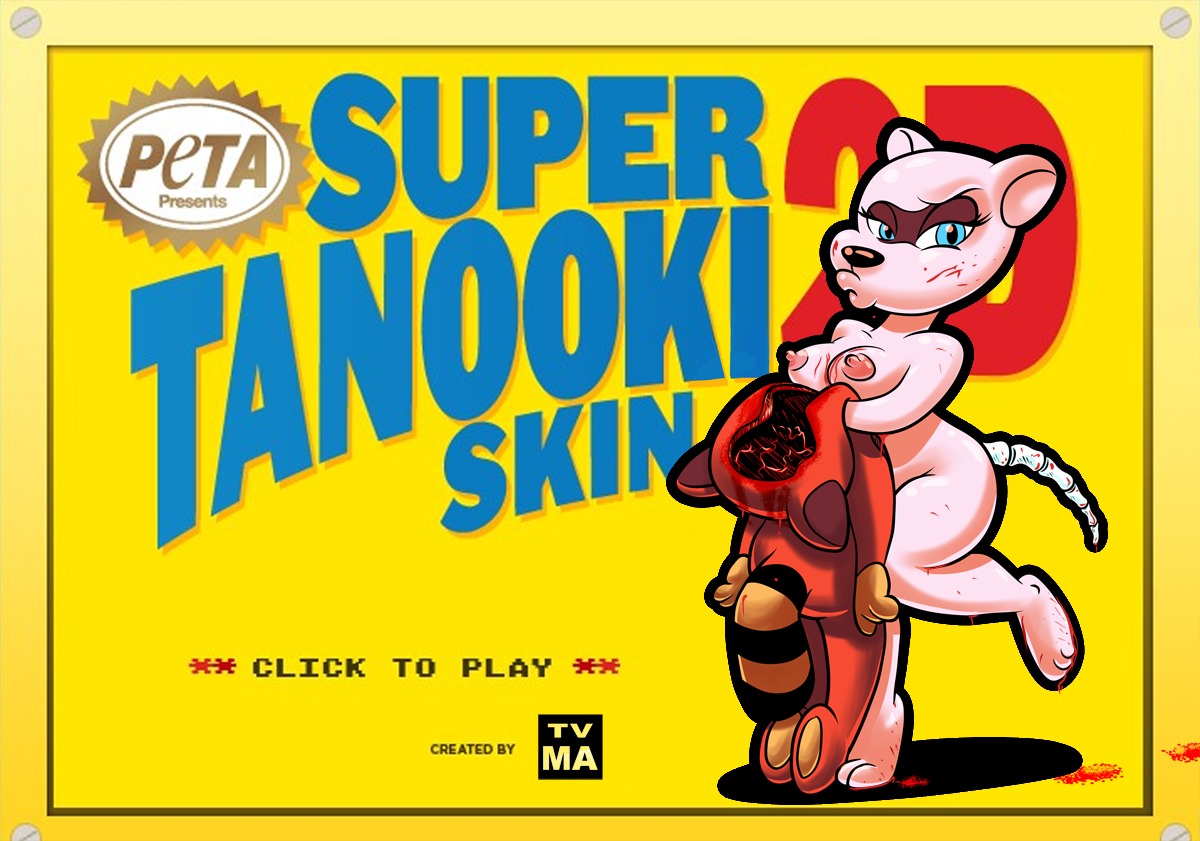 anthro blood blue_eyes bodily_fluids bone breasts canid canine clothing costume e621 english_text female gore mammal mario_bros nintendo nipples peta raccoon_dog screencap screencap_background solo super_tanooki_skin_2d tail tanuki tanuki_costume text tvma