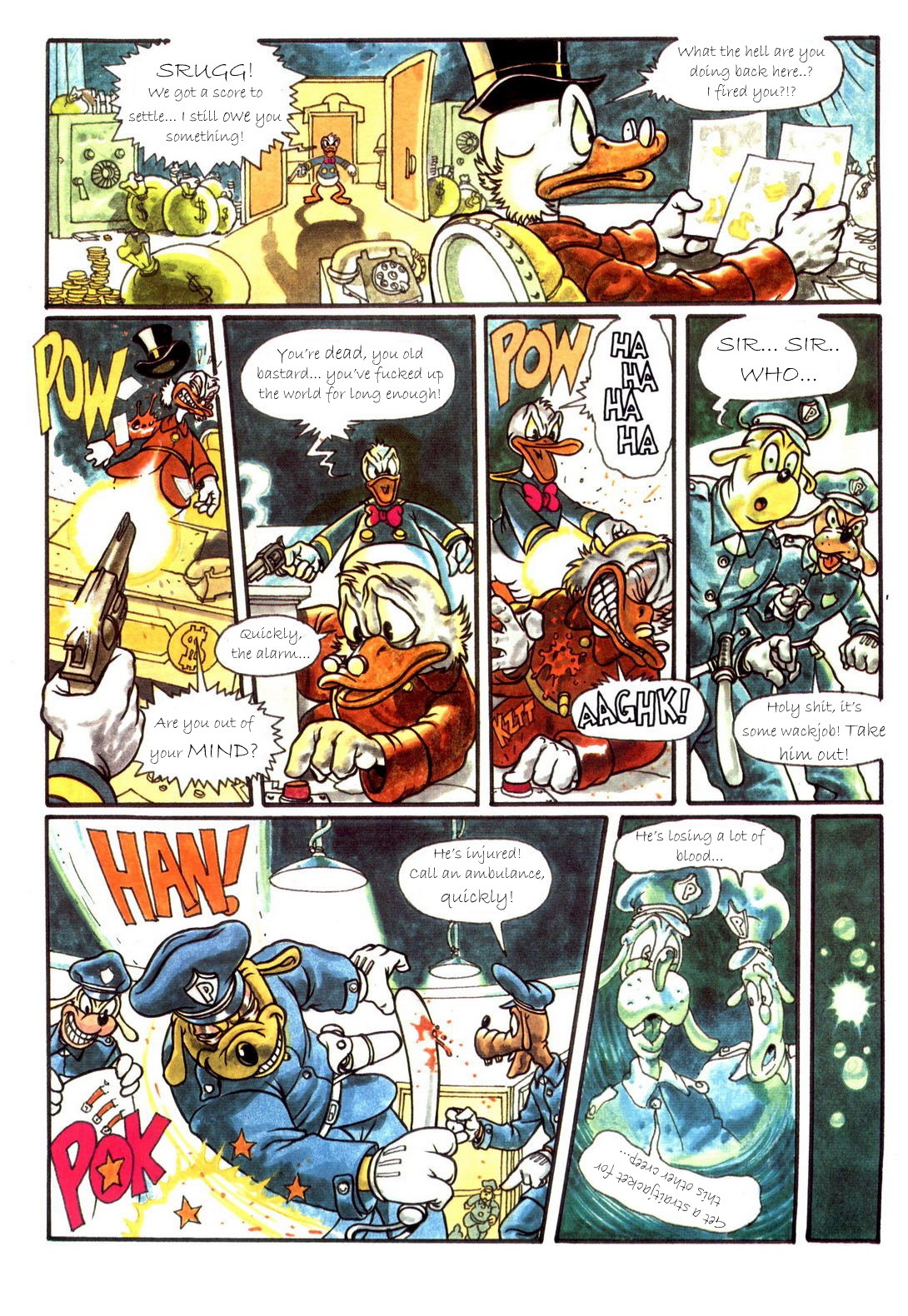 anatid anseriform anthro arrested avian bag bird blood bodily_fluids border button_(fastener) canid canine canis chair clothing comic desk dialogue disney domestic_dog donald_duck duck e621 electronics english_text eyewear furniture glasses group guard gun handgun hat headgear headwear hi_res landline_phone male mammal nephew_(lore) phone police police_baton profanity ranged_weapon revolver rotary_phone safe_(container) scrooge_mcduck shooting small_glasses smoke speech_bubble table text top_hat traditional_media_(artwork) uncle_(lore) uncle_and_nephew_(lore) uniform unknown_artist weapon white_border wounded
