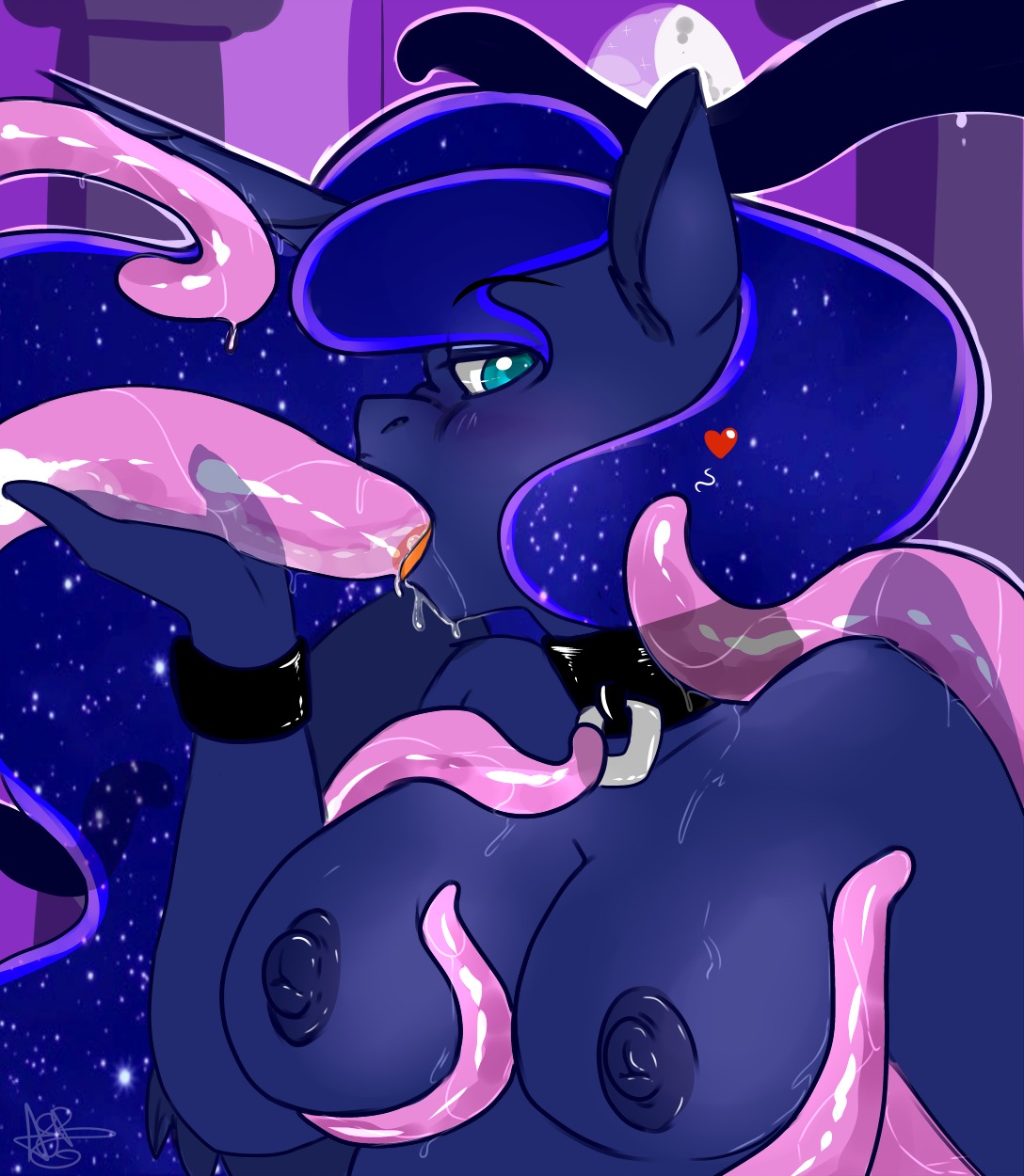 2014 anthro anthrofied blue_body blue_eyes blue_feathers blue_fur blue_hair bodily_fluids breasts collar digital_media_(artwork) e621 equid equine feathered_wings feathers female friendship_is_magic fur geeflakes hair hasbro heart_symbol hi_res horn mammal my_little_pony mythological_creature mythological_equine mythology nipples nude object_in_mouth oral oral_penetration penetration princess_luna_(mlp) saliva solo tentacle_in_mouth tentacle_penetration tentacles winged_unicorn wings