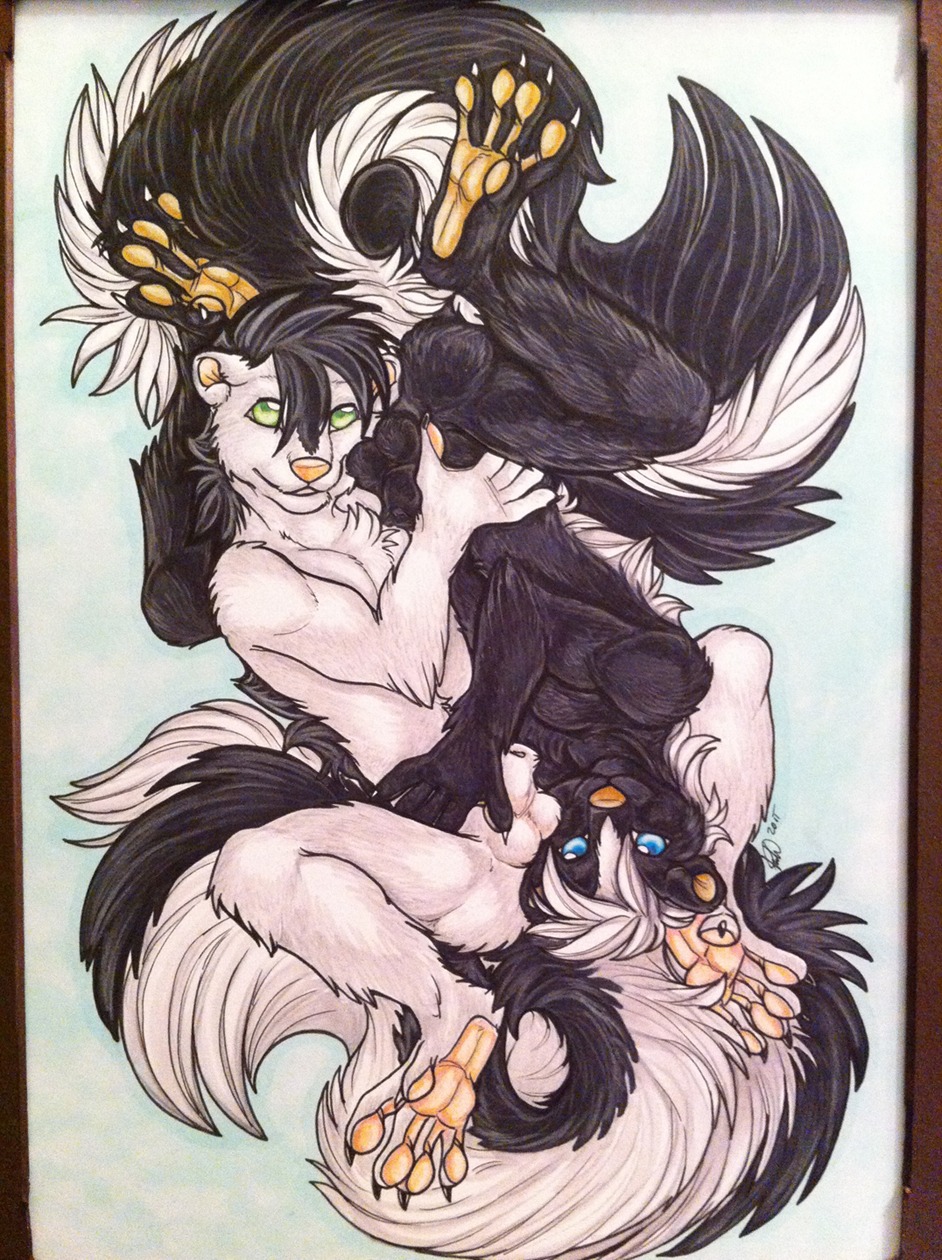 2011 4_toes 5_fingers 69_position animal_genitalia anthro balls black_body black_fur black_hair blue_eyes claws duo e621 feet fingers fully_sheathed fur genitals green_eyes hair hi_res hindpaw kwik_(artist) looking_at_viewer lying male male/male male_penetrated male_penetrating male_penetrating_male mammal mephitid nude on_back oral paws penetration pink_nose romantic romantic_couple sex sheath simple_background skunk spread_legs spreading tail toe_claws toes white_body white_fur white_hair