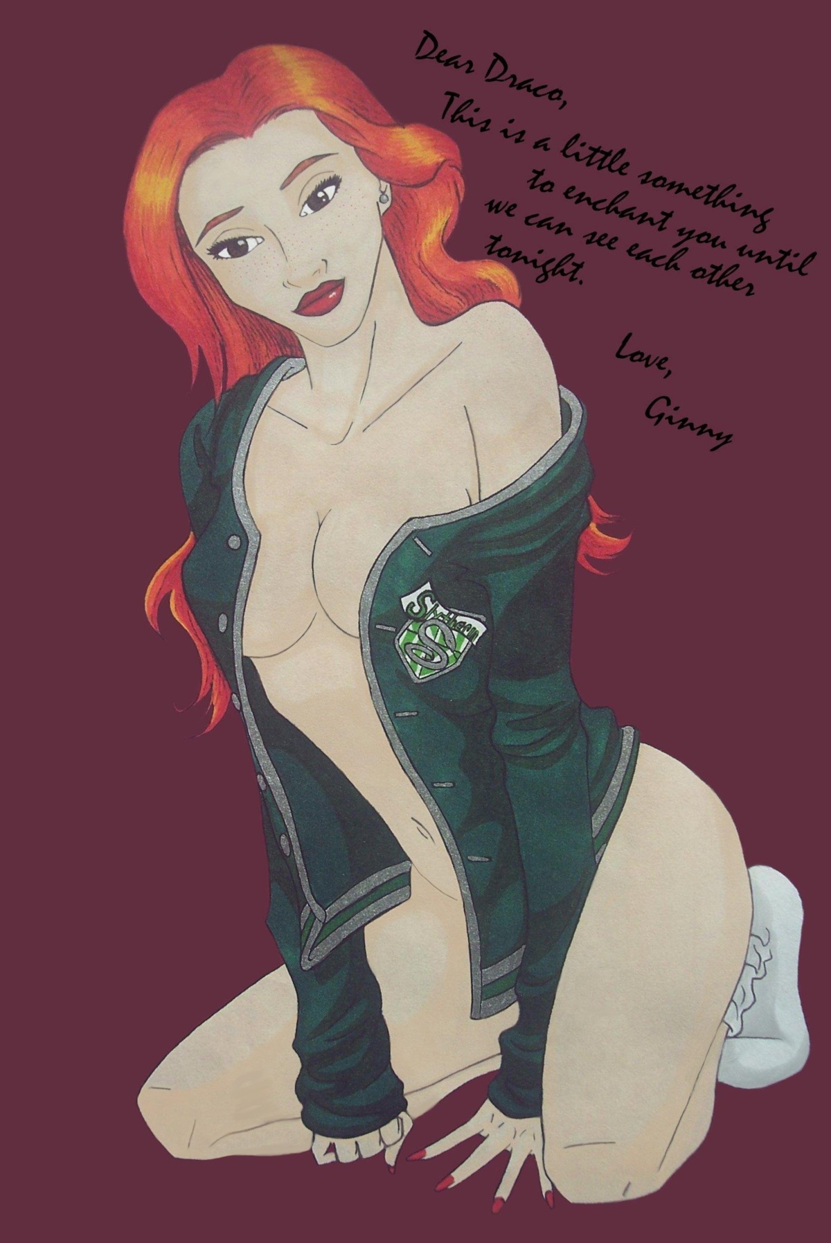 1girls bottomless breasts english_text female female_only freckles ginny_weasley gryffindor harry_potter rule34 slytherin_symbol solo solo_female tagme text witch_(harry_potter)