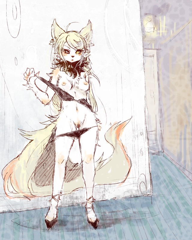 4:5 anthro biped bra breasts chest_tuft clothing domestic_cat e621 felid feline felis female fluffy footwear fur genitals high_heels mammal nipples panties pipisan shoes solo tail tuft underwear undressing vulva