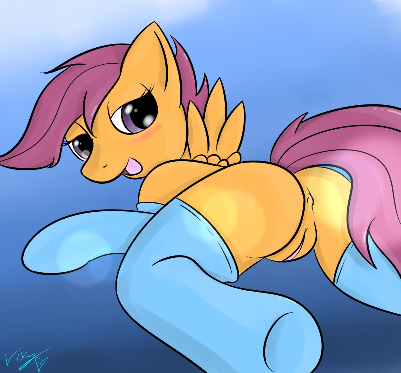 anus bedroom_eyes blush butt clitoris clothing e621 equid equine feathered_wings feathers female feral friendship_is_magic fur genitals hair half-closed_eyes hasbro hi_res hooves legwear looking_at_viewer looking_back lying mammal my_little_pony mythological_creature mythological_equine mythology narrowed_eyes on_front open_mouth orange_body orange_feathers orange_fur pegasus presenting presenting_hindquarters purple_eyes purple_hair raised_tail rear_view scootaloo_(mlp) seductive simple_background smile solo stockings tail vixy_(artist) vulva wings young young_female young_feral
