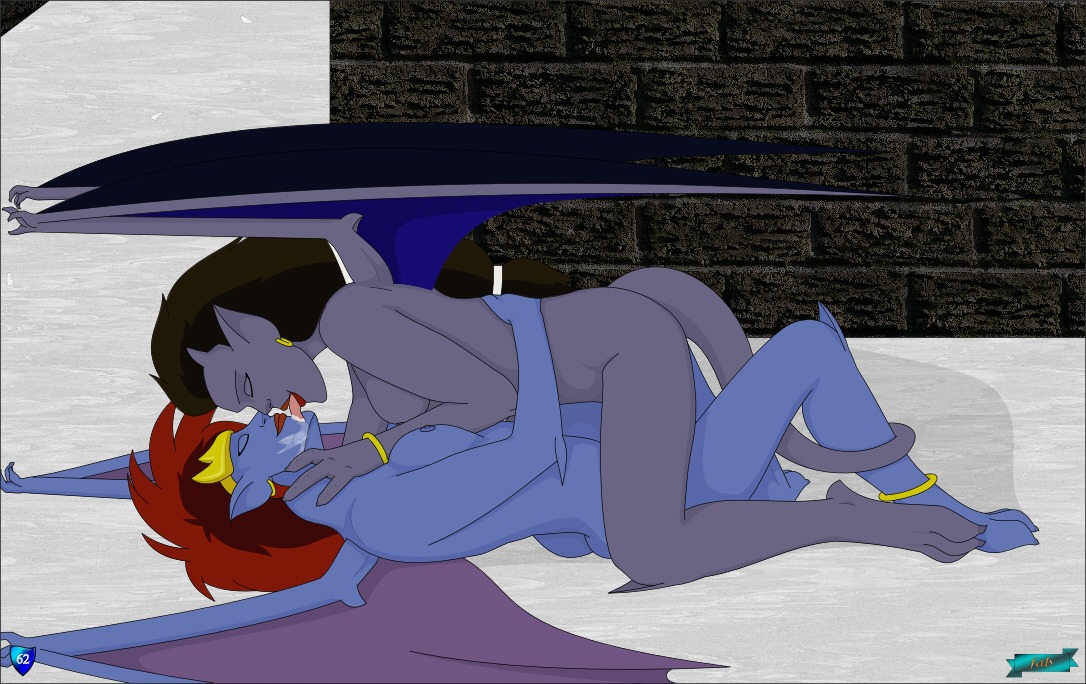 angela_(gargoyles) anklet black_hair bodily_fluids breasts circlet cum demona_(gargoyles) disney duo e621 ear_piercing eyes_closed fab3716 female female/female gargoyle gargoyles genital_fluids hair humanoid incest_(lore) irl_trace jewelry licking lying membrane_(anatomy) membranous_wings mother_(lore) nude on_back parent_(lore) piercing red_hair tail tongue tongue_out wings