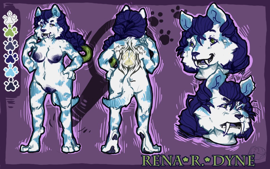 anthro blue_hair blue_markings e621 fangs felid female fur genitals green_eyes hair mammal markings nipples orange_pekoe prehistoric_species rena_dyne saber-toothed_tiger slightly_chubby smilodon solo tail tattoo teeth vulva white_body white_fur