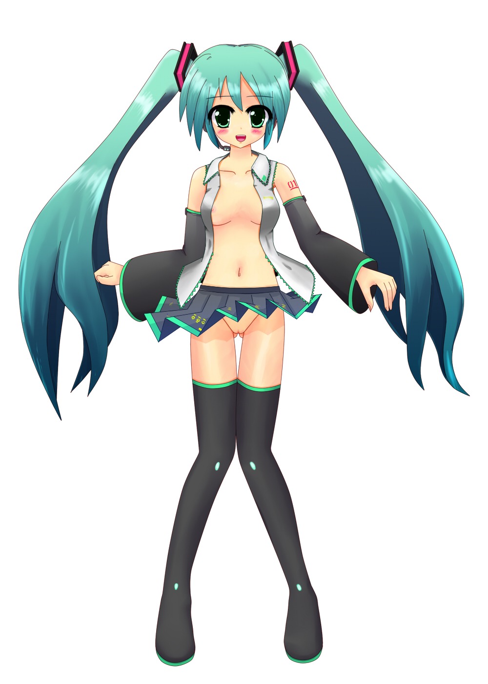 1girl aqua_hair blush boots breasts detached_sleeves female green_eyes green_hair hatsune_miku long_hair medium_breasts no_panties open_clothes open_mouth open_shirt pussy rule34 shirt simple_background skirt solo tagme thigh_boots thighhighs twintails very_long_hair vocaloid