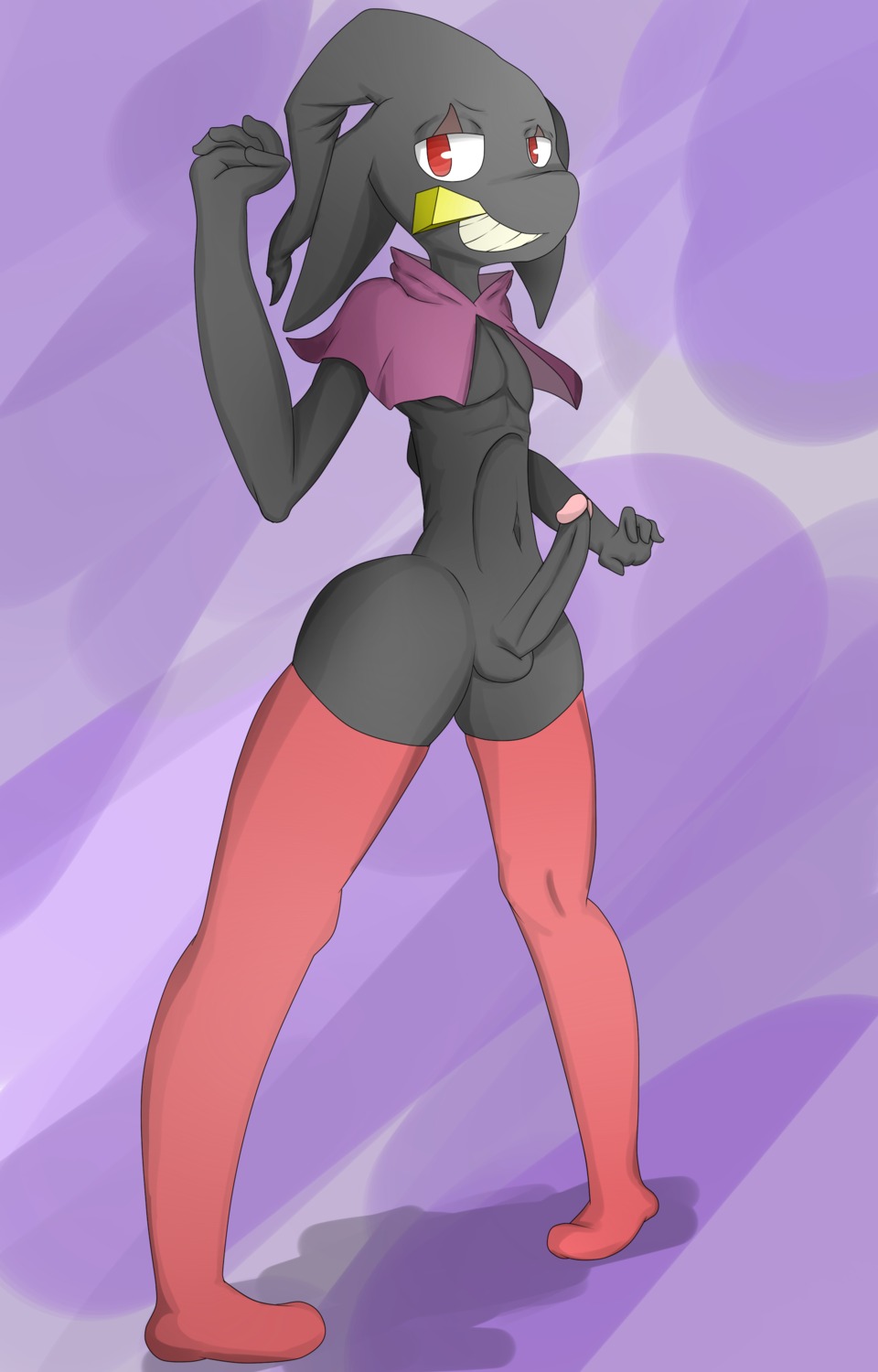 absurd_res anthro banette body_zipper cloak clothed clothing crossdressing doll e621 erection femboy generation_3_pokemon genitals hi_res humanoid legwear male nintendo penis pokemon pokemon_(species) pokemorph red_eyes smile solo stockings xxmysteryxx zipper zipper_mouth