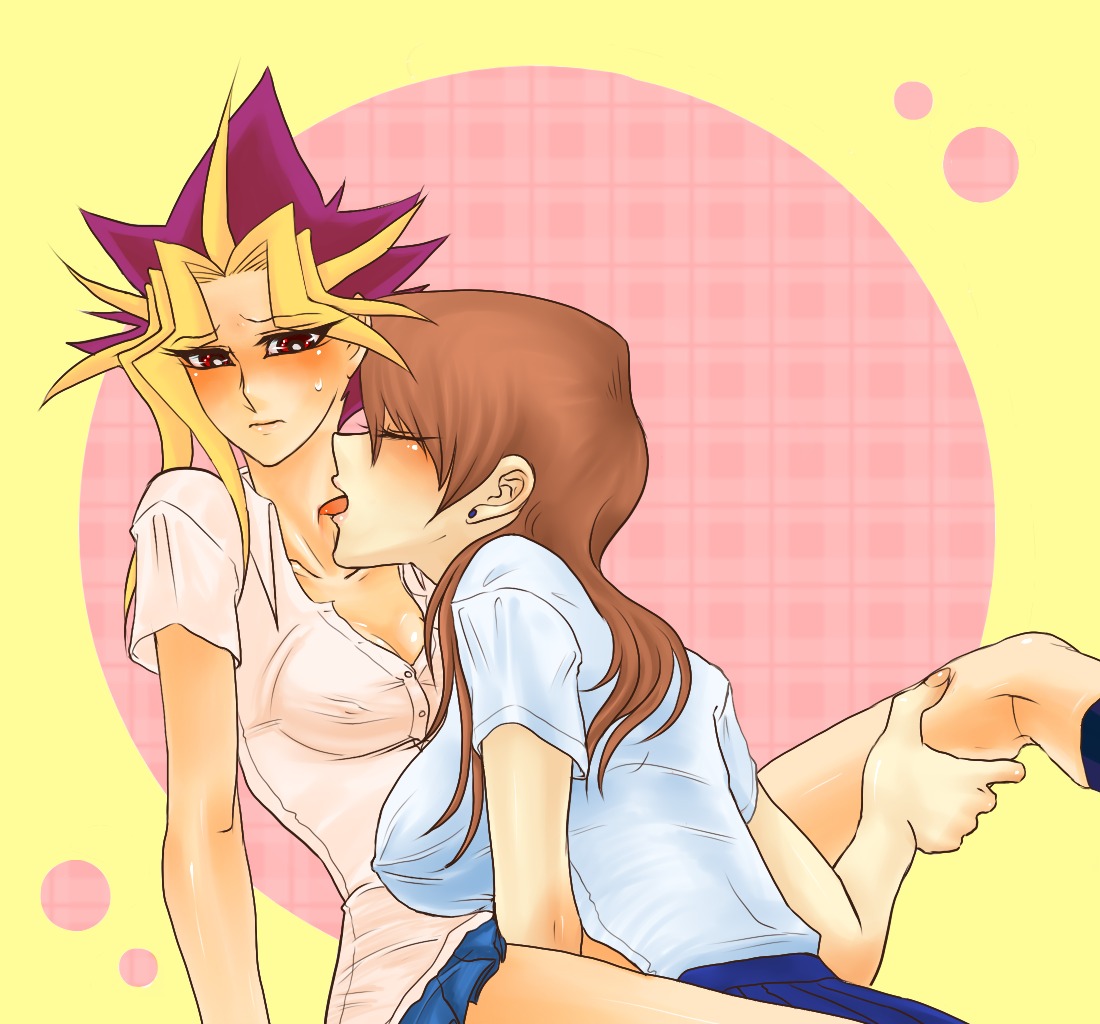 2girls ame_(saba_no_misoni) beige_skin blouse blush brown_hair closed_eyes clothes color earrings female female_only hair human jewelry lesbian licking long_hair multicolored_hair multiple_females multiple_girls nipples open_eyes pharaoh_atem piercing pleated_skirt red_eyes rule34 rule_63 seto_kaiba skirt spiked_hair sweat yami_yugi yu-gi-oh! yuri