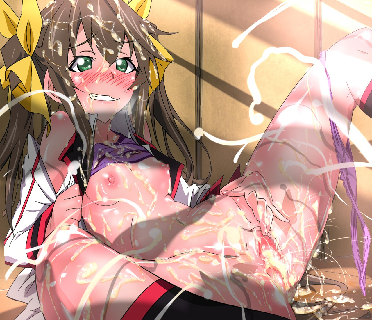 blush breasts brown_hair censored cum cum_on_body ejaculation female green_eyes huang_lingyin infinite_stratos male panties penis rule34 spread_legs tied_hair twintails