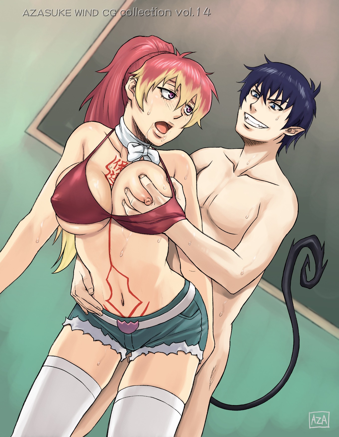 ao_no_exorcist azasuke bikini bikini_top blue_eyes blue_hair blush breast_grab breasts clenched_teeth female from_behind highres hot_pants kirigakure_shura large_breasts long_hair multicolored_hair navel open_mouth ponytail purple_eyes rule34 saliva scarf sex short_hair short_shorts smile socks sweat swimsuit tail tattoo thighhighs tied_hair