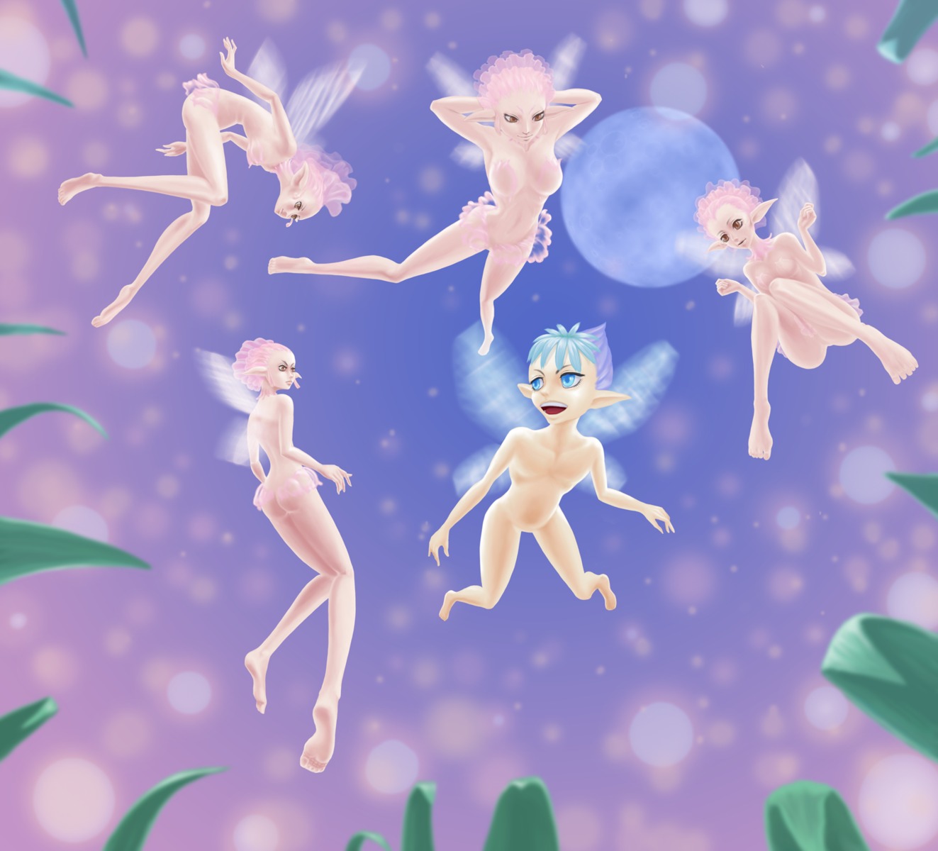 1boy 4girls berserk big_breasts blue_eyes blue_hair breasts evarella fairy female male multiple_females multiple_girls necrolust pink_hair puck_(berserk) rule34