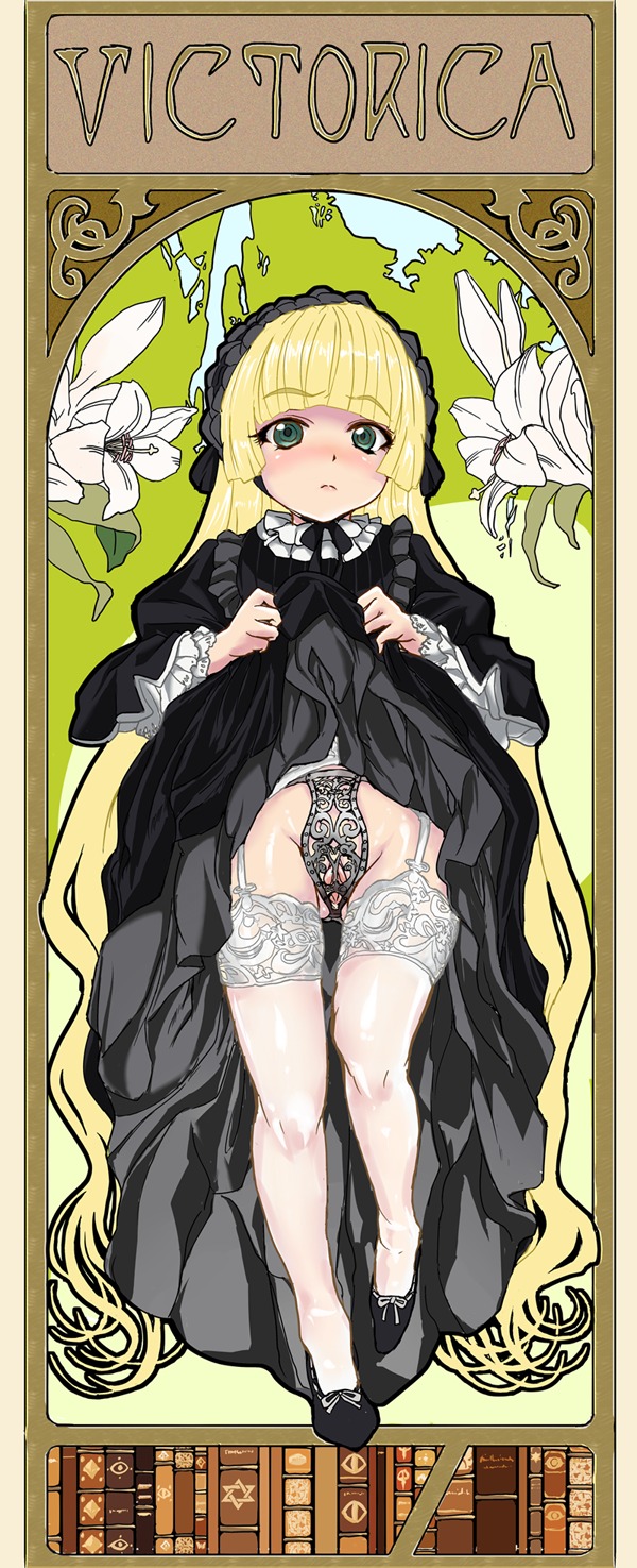 blonde_hair chastity chastity_belt chastity_device dress dress_lift female female_chastity flower garter_straps gosick gothic_lolita green_eyes highres labia lolita_fashion long_hair print_legwear pussy rule34 solo standing thighhighs tsurime uyuu very_long_hair victorique_de_blois white_legwear