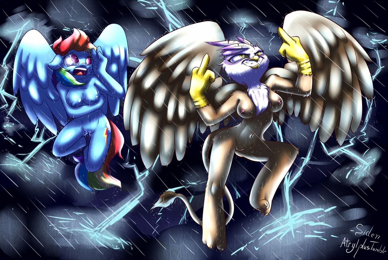 2012 anthro anthrofied avian beak blue_body blue_feathers blue_fur breasts casual_nudity cutie_mark duo e621 electricity equid equine feathered_wings feathers female flying friendship_is_magic fur genitals gesture gilda_(mlp) gryphon hair hand_gesture hasbro lightning mammal middle_finger multicolored_hair my_little_pony mythological_avian mythological_creature mythological_equine mythology nipples nude outside pegasus rainbow_dash_(mlp) rainbow_hair raining sky smile storm tail vulva wet wick_(artist) wings