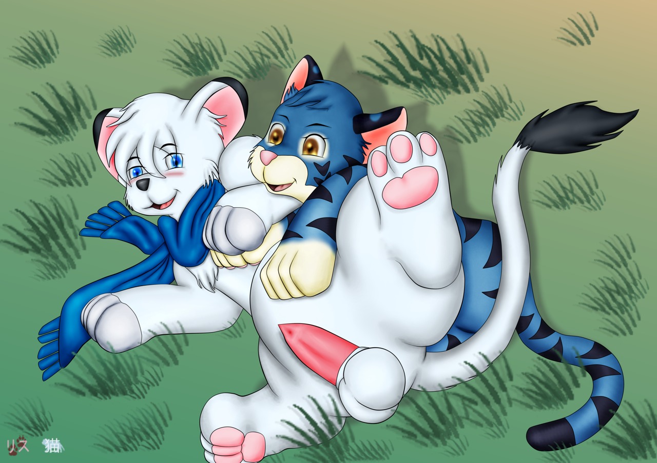 balls blue_eyes duo e621 erection felid feral genitals kimba kimba_the_white_lion leucistic lion male mammal osamu_tezuka pantherine pawpads paws penis risuneko shota tail tiger toony young young_feral young_male