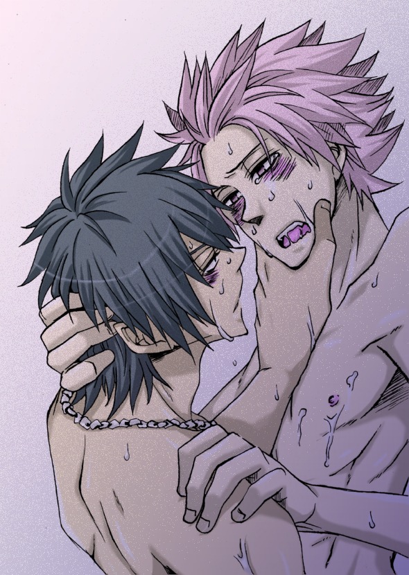 2boys blush blush_lines blushing fairy_tail gray_fullbuster hand_behind_head hand_on_face hand_on_head hand_on_jaw looking_down looking_up male male_only multiple_males natsu_dragneel nipples nude nude_male rule34 simple_background sweat sweating teardrop tears yaoi