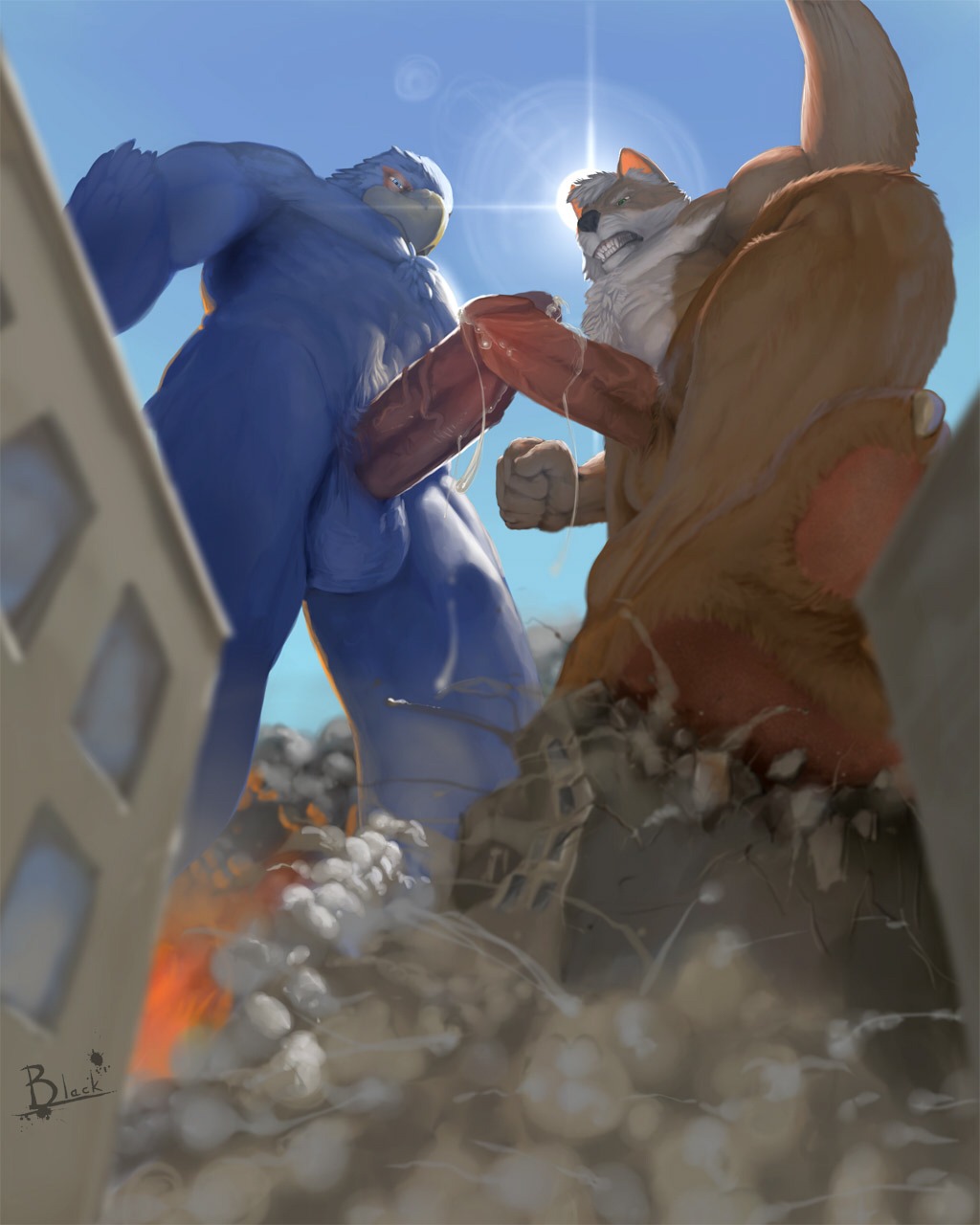 4:5 abs animal_genitalia anthro anthro_on_anthro athletic avian balls beak biceps big_penis bird black_nose blue_body blue_eyes blue_feathers bodily_fluids brown_body brown_fur building building_destruction canid canine chest_tuft clenched_teeth cum cum_drip cum_on_penis cum_string destruction dripping duo e621 ejaculation erection falco_lombardi fangs feathers fox fox_mccloud frottage frown fur genital_fluids genitals green_eyes hair hands-free hi_res interspecies landscape_dwarfing light lion21 macro male male/male mammal muscular nintendo nude orange_body orange_fur orgasm pecs penile penis penises_touching pose precum sex sheath standing star_fox sun sunlight teeth thick_penis tuft vein white_body white_fur white_hair
