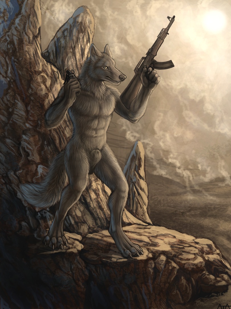 2010 3:4 abs ak-47 ak_platform animal_genitalia anthro assault_rifle balls biped black_nose canid canine canis casual_nudity claws detached_sheath detailed_background digitigrade e621 explosives fully_sheathed fur genitals grenade grey_balls grey_body grey_claws grey_fur grey_sheath gun holding_gun holding_object holding_ranged_weapon holding_weapon looking_at_viewer male mammal markings navel no_sclera nude outside ranged_weapon rifle rukis sheath sheath_tuft sky solo standing stoner_rifle sun tail watermark weapon whisker_markings whisker_spots wolf yellow_eyes