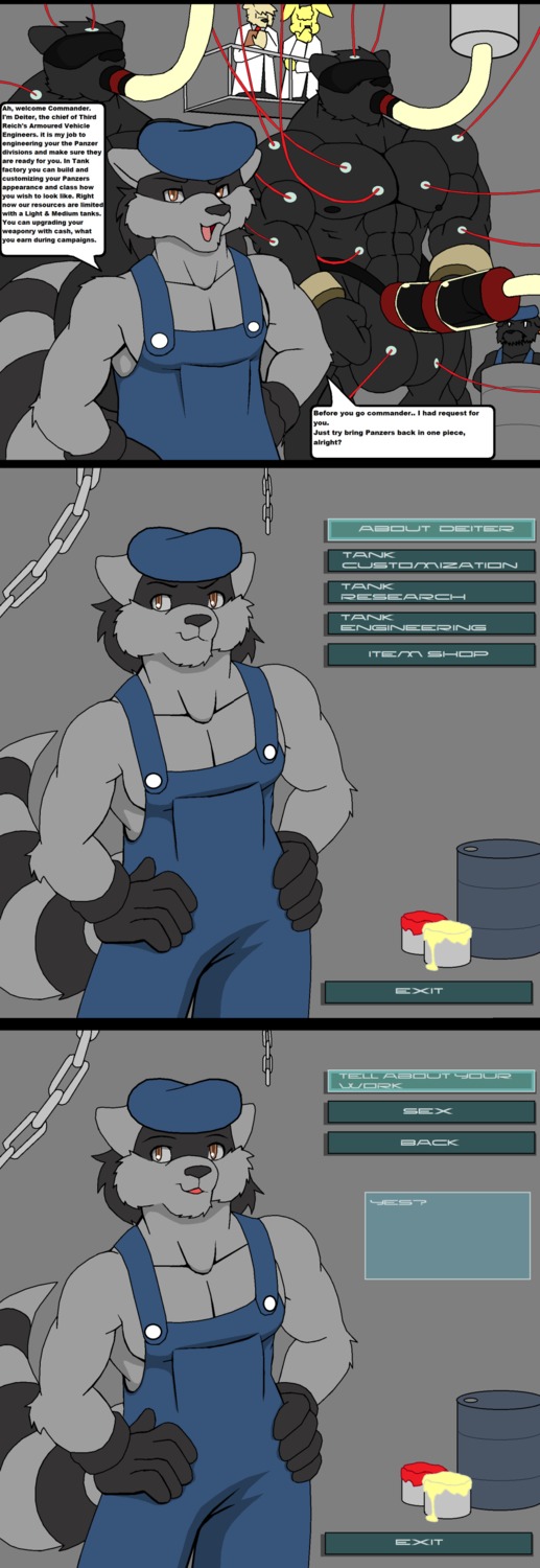 abs absurd_res anthro armor athletic balls biceps big_balls big_muscles big_penis black_body black_fur black_nipples brainwashing clothing commander droll3 e621 engineer_(profession) engineering english_text erection factory felid front_view fur genitals gloves grey_body grey_fur group hands_on_hips handwear hat headgear headwear hi_res lagomorph leporid machine male mammal markings mind_break muscular muscular_male nazi nipples nude overalls pantherine pecs penile penis penis_milking portrait procyonid rabbit raccoon research ring_(marking) ringed_tail solo standing striped_markings striped_tail stripes tail tail_markings text three-quarter_portrait worker