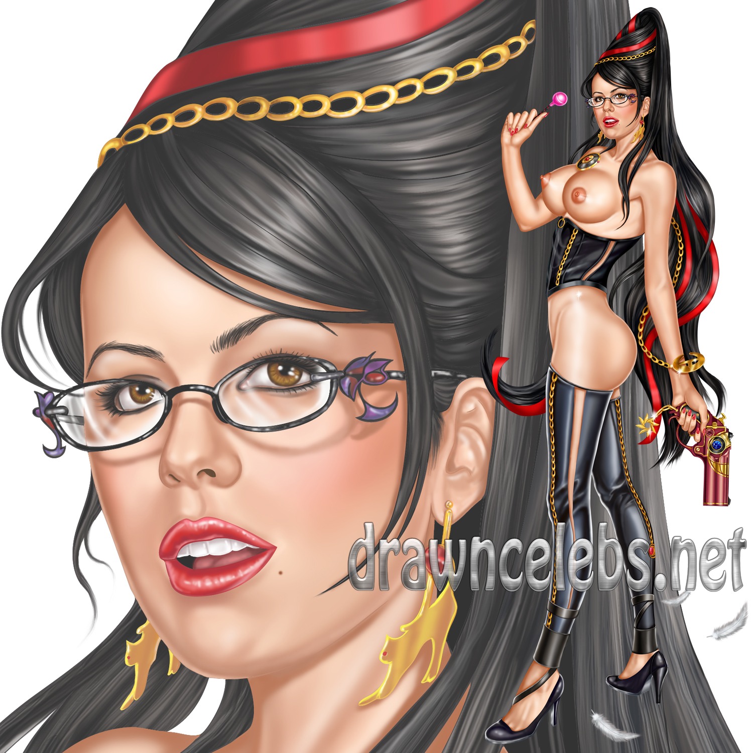 1girls bayonetta bayonetta_(cosplay) breasts celebrity cosplay female glasses kate_beckinsale lollipop nipples rule34 rzhevskii sega solo