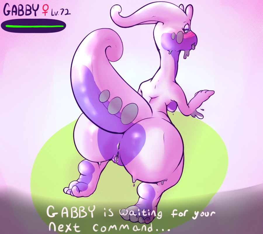 4_fingers 4_toes all_fours anthro anus big_butt biped bourbon_(artist) breasts butt character_name dragon e621 english_text feet female female_symbol fingers gabby_(bourbon) gameplay_mechanics gastropod gender_symbol generation_6_pokemon genitals glistening goodra gui health_bar humanoid_feet level_number looking_back mollusk mythological_creature mythological_scalie mythology nintendo nipples non-mammal_breasts non-mammal_nipples nude number plantigrade pokemon pokemon_(species) presenting presenting_hindquarters presenting_vulva scalie shadow side_boob slime soles solo symbol tail text thick_tail toes vulva