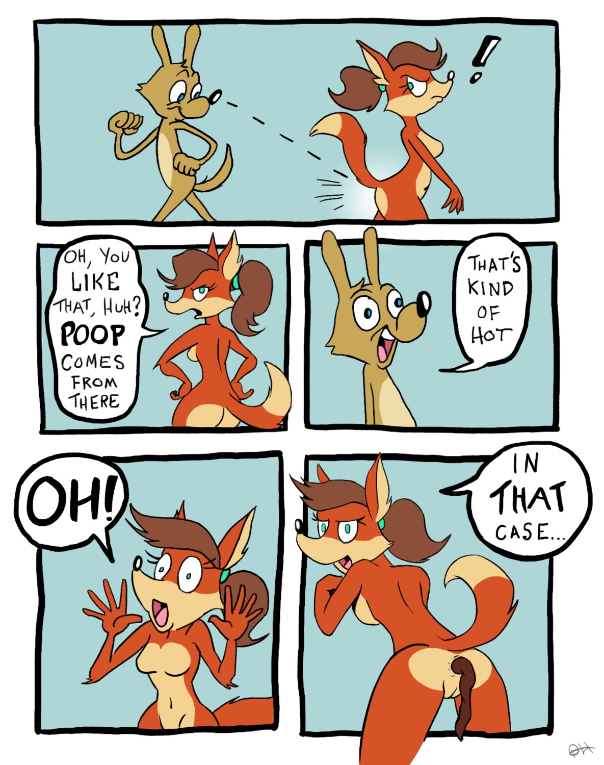 2013 anthro anus black_nose blue_background blue_eyes border breasts brown_body brown_fur brown_hair butt canid canine canis comic dialogue digital_media_(artwork) domestic_dog duo e621 ellipsis english_text exclamation_point eyebrows eyelashes feces female female_pooping fox fur genitals green_eyes hair hi_res humor joke lol_comments male mammal matt_rat meme navel nude ponytail pooping question_mark raised_tail red_body red_fox red_fur scatplay simple_background speech_bubble stare tail text that's_kind_of_hot third-party_edit true_fox vulva watermark what white_border