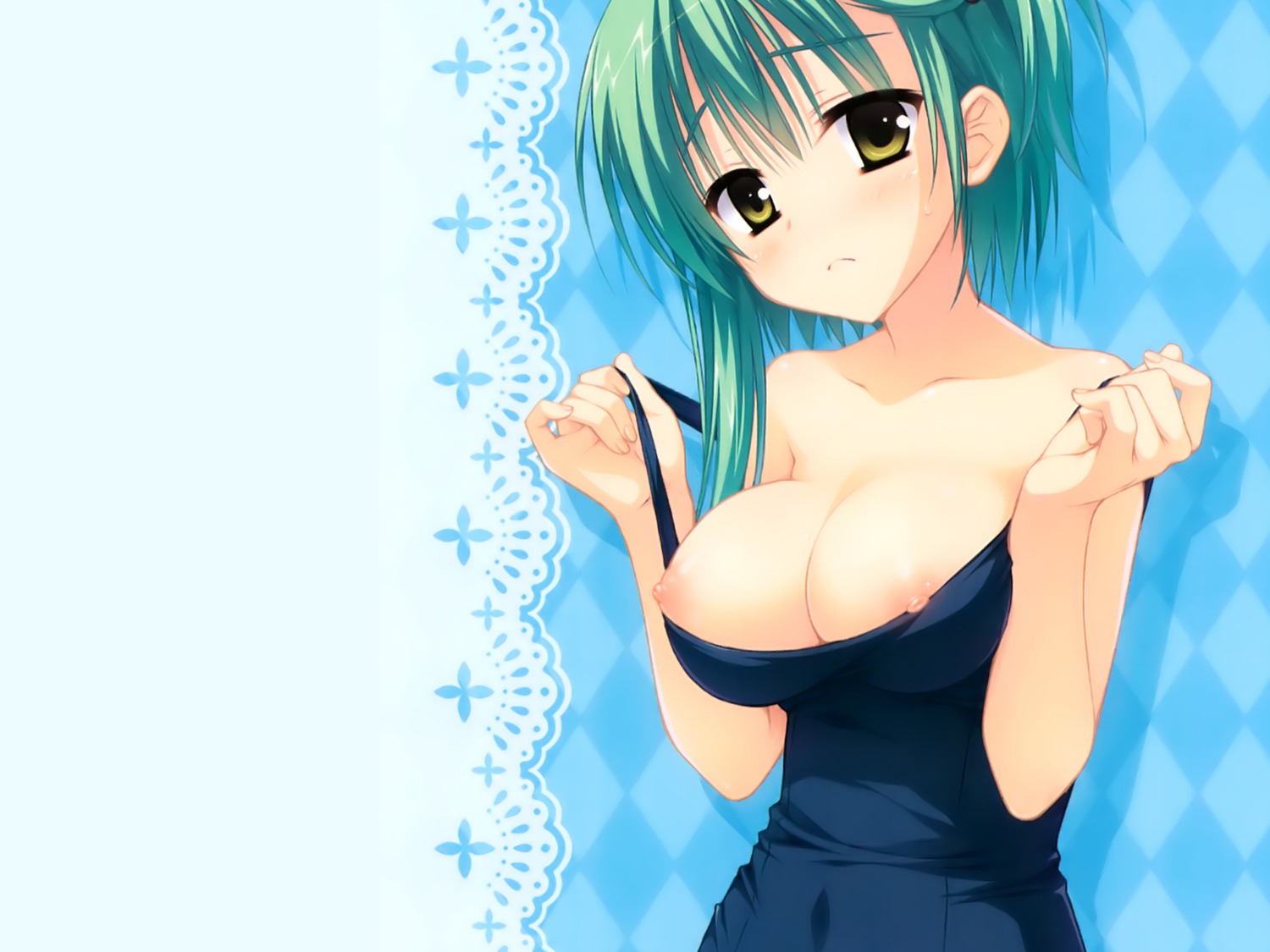 breasts female green_hair muririn noble_works rule34 swimsuit tsukiyama_sena yellow_eyes