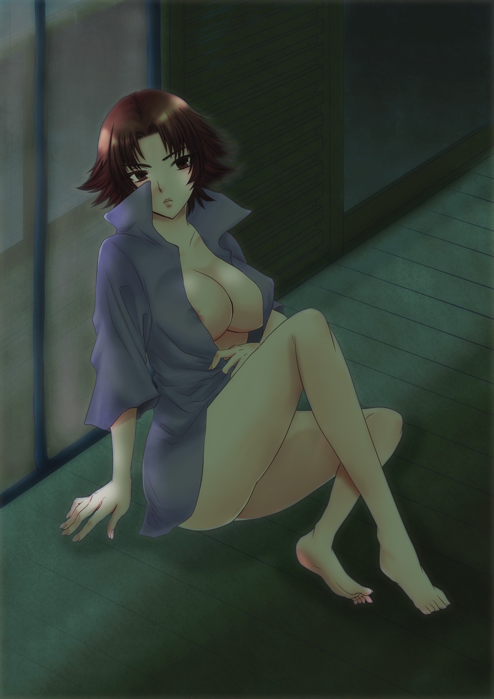 barefoot breasts brown_eyes brown_hair dress_shirt feet female highres large_breasts nipples no_pants open_clothes open_shirt rule34 see-through sengoku_musou sengoku_musou_2 shirt short_hair sitting solo tachibana_ginchiyo tukibou