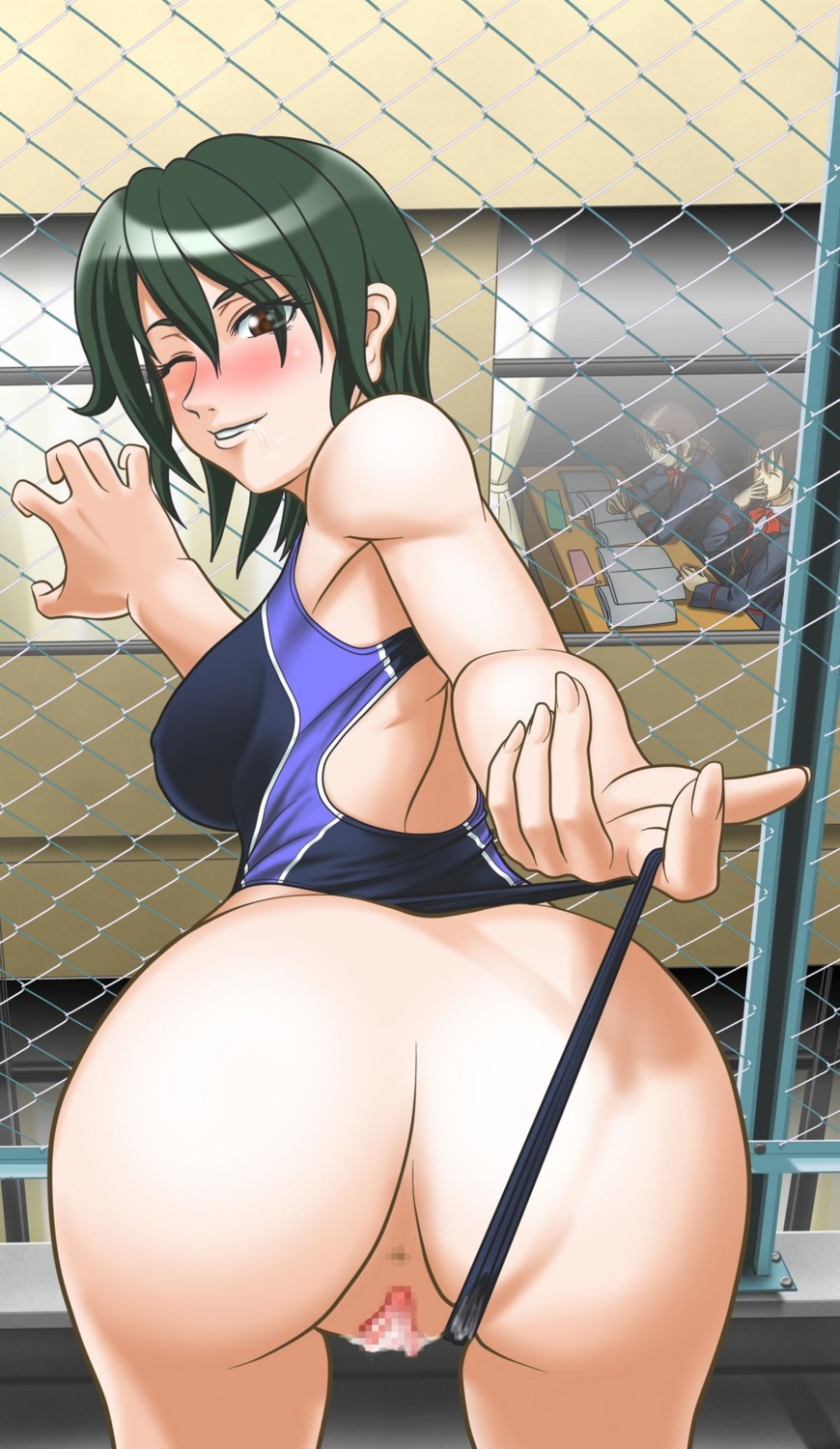 anus ass blush censored dirty_panties female highres public pussy rule34 smile swimsuit wedgie wink