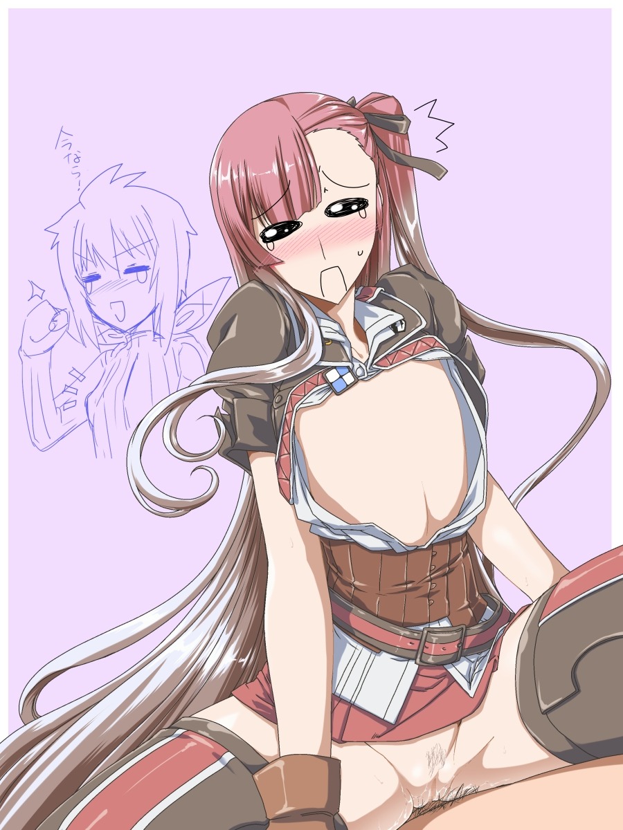 2girls belt blush censored clothed_sex clothing darcsen ebido female female_on_top flat_chest gloves highres imca jacket long_hair military_uniform miniskirt multiple_females no_nipples open_clothes open_mouth open_shirt ponytail pubic_hair pussy red_hair riela_marcellis rule34 sex shirt side_ponytail silver_hair skirt stockings thighhighs tied_hair uniform vaginal_penetration valkyria_chronicles valkyria_chronicles_3