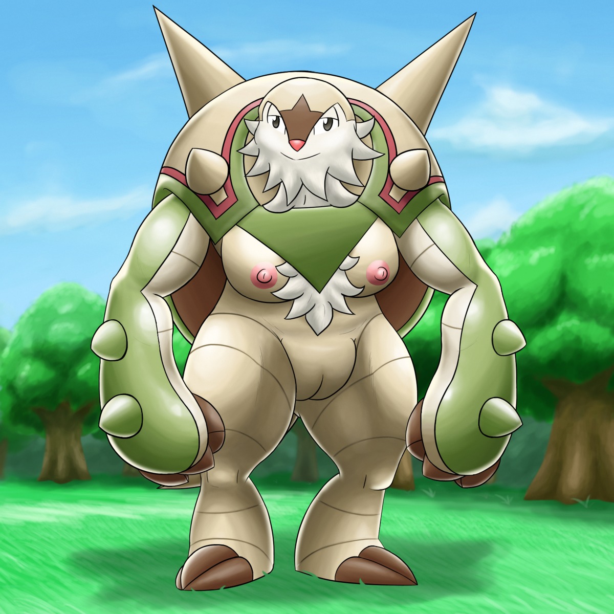1:1 anthro biped breasts chesnaught chest_tuft cloud e621 female fur generation_6_pokemon genitals hi_res nintendo nude ole outside pokemon pokemon_(species) pokemorph sky solo standing thick_thighs tuft vulva