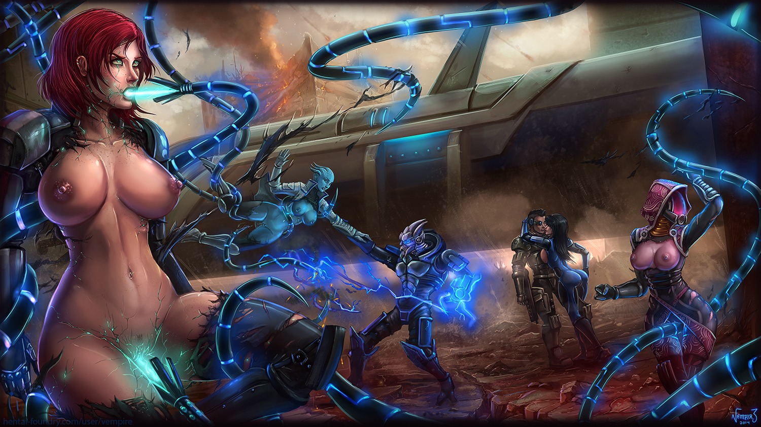 2014 alien alien_humanoid armor asari ashley_williams big_breasts bioware breasts clothed clothing commander_shepard corruption e621 electricity electronic_arts female fire footwear garrus_vakarian genitals glowing group hair hand_holding headgear helmet human humanoid james_vega laser laser_cumshot liara_t'soni looking_up male mammal mass_effect mind_control navel nipples not_furry open_mouth partially_clothed pubes quarian raised_arm short_hair smoke spacecraft standing tali'zorah tentacles torn_clothing turian vehicle vempire vulva
