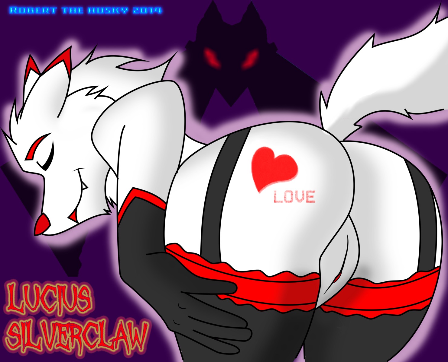 2014 absurd_res anthro butt canid canine canis clothing e621 eyes_closed female genitals hi_res lingerie mammal nude pose presenting robert_the_husky solo vulva wolf
