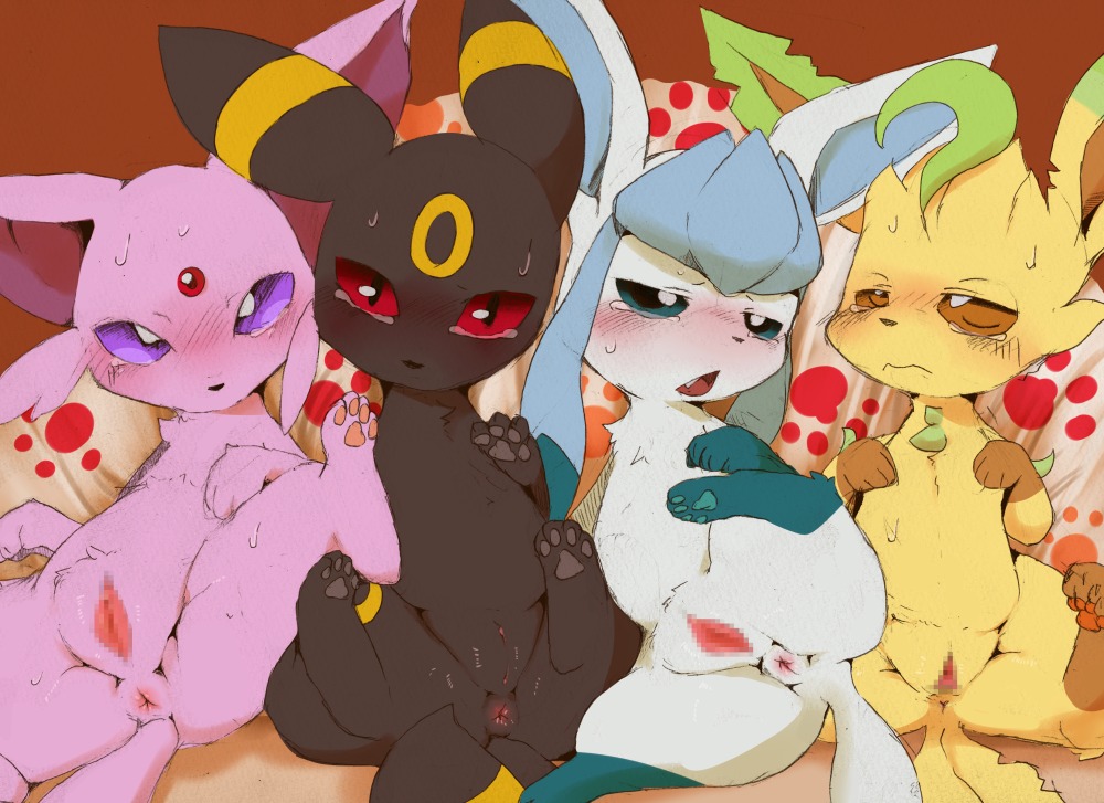 anus blue_sclera blush bodily_fluids brown_sclera butt censored dagasi digital_media_(artwork) digitigrade e621 eeveelution espeon feet female feral generation_2_pokemon generation_4_pokemon genitals glaceon group leafeon looking_at_viewer lying mosaic_censorship nintendo on_back one_leg_up pawpads paws pokemon pokemon_(species) presenting presenting_vulva purple_sclera quadruped raised_leg red_sclera soles spread_legs spreading sweat tail take_your_pick tears toes umbreon vulva