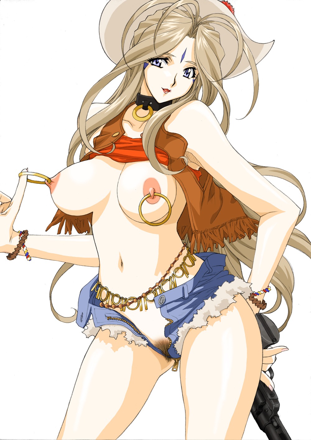 1girls belldandy big_breasts blue_eyes breasts brown_hair clothing collar cowboy_hat erect_nipples female female_pubic_hair firearm functionally_nude goddess gun handgun hat highres jewelry joy_division large_breasts light-skinned_female light_skin lips long_hair nipple_piercing nipples no_panties oh_my_goddess! pale-skinned_female pale_skin piercing posing pubic_hair pussy revolver rule34 shorts small_breasts smile solo thick_thighs weapon wide_hips