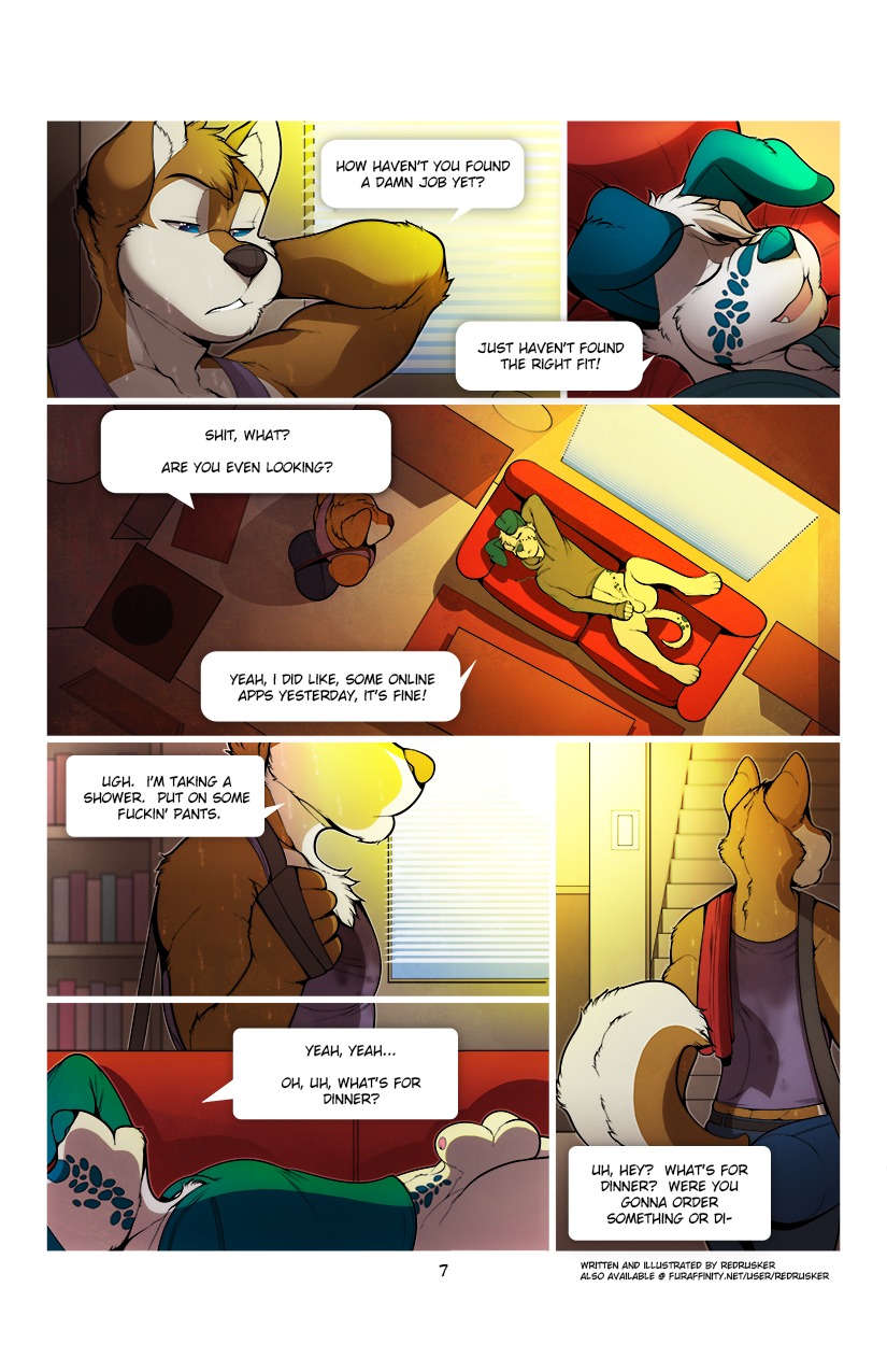 2014 animal_genitalia anthro balls biceps black_nose blue_eyes blue_spots bodily_fluids bottomless canid canine canis clothed clothing comic dalmatian dialogue digital_media_(artwork) domestic_dog duo e621 english_text eyes_closed first_class_entertainment fur furniture genitals hi_res hoodie husky kyle_(redrusker) male mammal multiple_scenes muscular nordic_sled_dog number page_number penis penis_tip profanity redrusker sea_salt sheath shirt sofa spitz spots sweat tank_top text topwear white_body white_fur