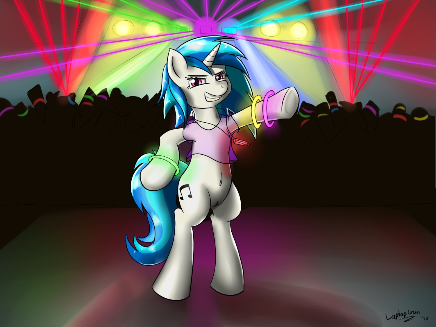 2013 4:3 blue_hair crowd cutie_mark dancing e621 equid equine female friendship_is_magic fur genitals group hair hasbro hi_res horn laptopgun mammal multicolored_hair my_little_pony mythological_creature mythological_equine mythology rave silhouette solo_focus two_tone_hair unicorn vinyl_scratch_(mlp) vulva white_body white_fur