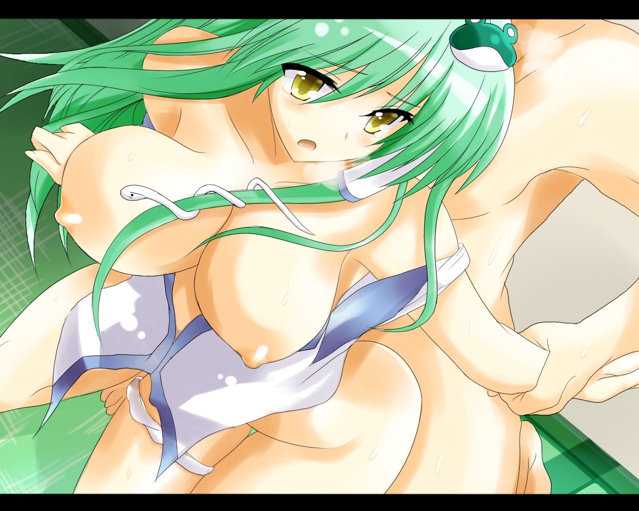 bare_shoulders blush bottomless breasts breath female frog green_hair hair_ornament large_breasts long_hair open_mouth panties panties_around_one_leg rule34 sanae_kochiya sex snake touhou underwear wedge yellow_eyes