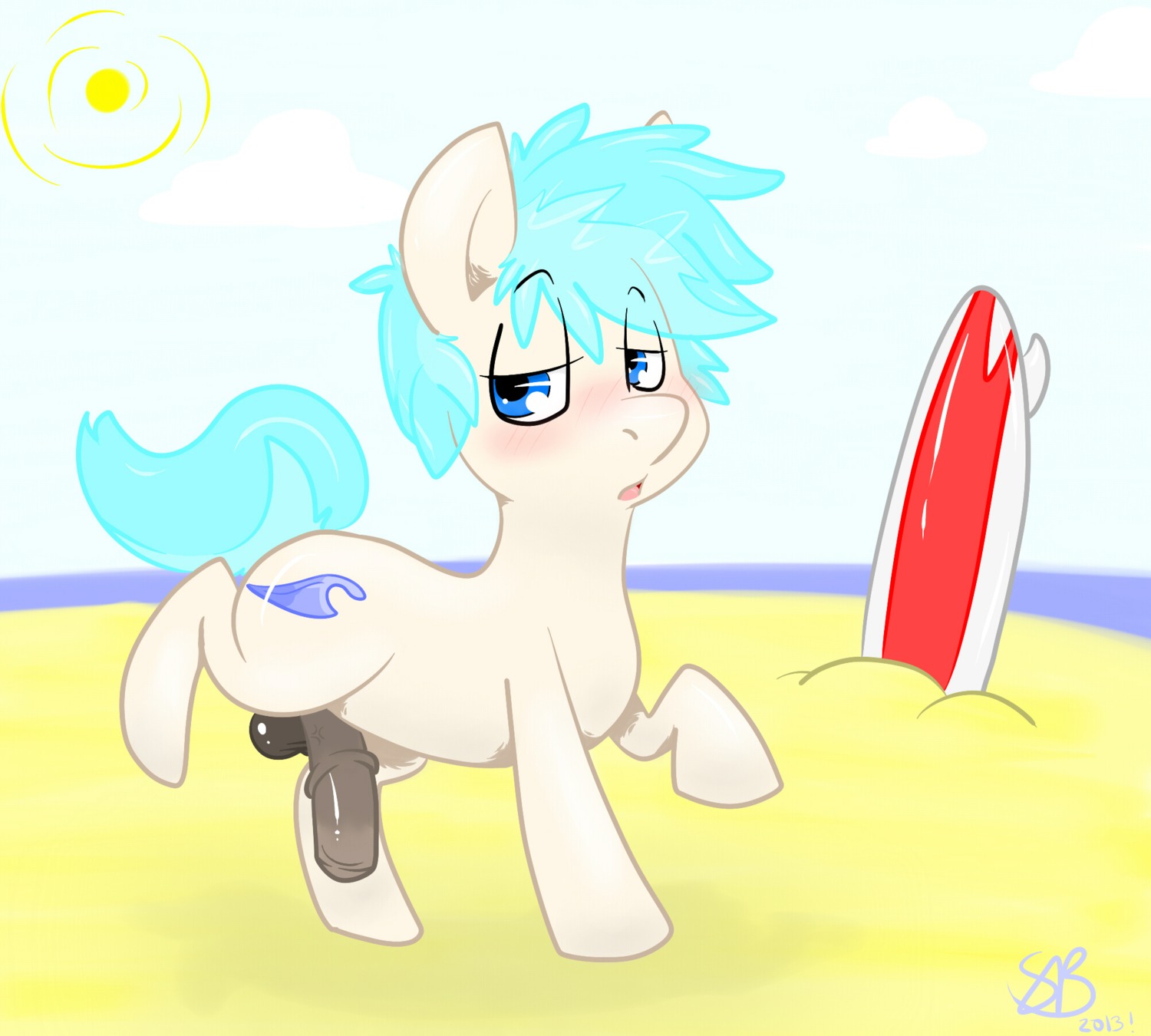 2013 backsash balls beach blue_eyes blue_hair blush cloud cutie_mark detailed_background e621 earth_pony equid equine erection fan_character feral fur genitals hair hasbro hi_res horse male mammal multicolored_hair my_little_pony open_mouth outside penis pony sand sea seaside sky solo sun surfboard tan_body tan_fur tongue vehicle water watercraft