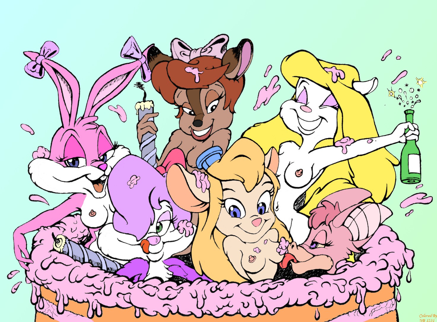 animaniacs anthro babs_bunny bat bonkers cake chip_'n_dale_rescue_rangers crossover deer disney fawn_deer feline female female_only fifi_la_fume food foxglove fur furry gadget_hackwrench mammal minerva_mink mink mouse multiple_females nipples pink_fur rabbit rodent rule34 skunk tiny_toon_adventures uncensored